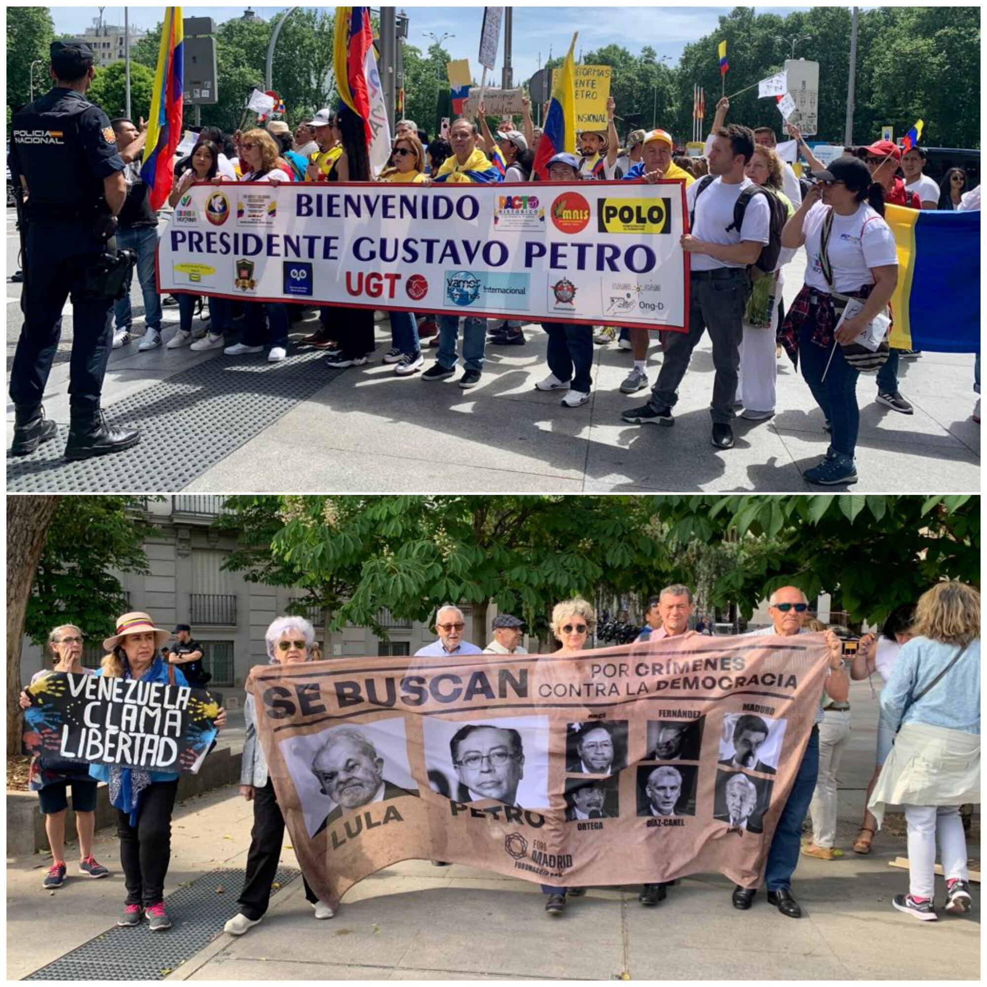 Manifestaciones a favor y en contra de la visita del presidente Gustavo Petro a España.
(Foto: Caracol Radio / Amanda Sánchez)