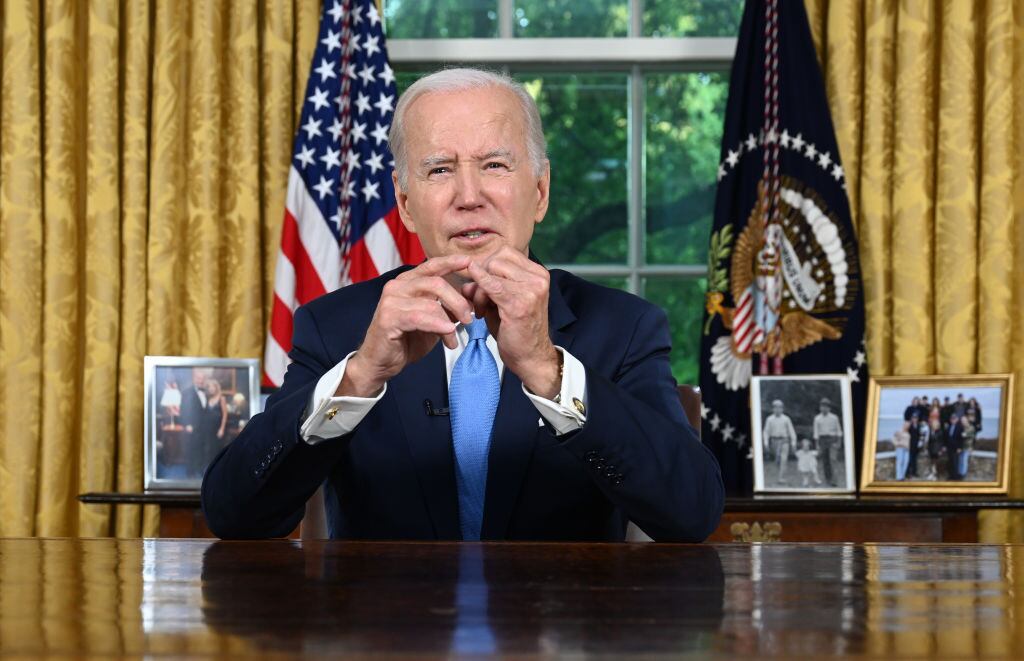 WASHINGTON, DC - JUNE 02: President Joe Biden addresses the nation on averting default and the Bipartisan Budget Agreement in the Oval Office of the White House on June 2, 2023 in Washington, DC. (Photo by Jim Watson-Pool/Getty Images)