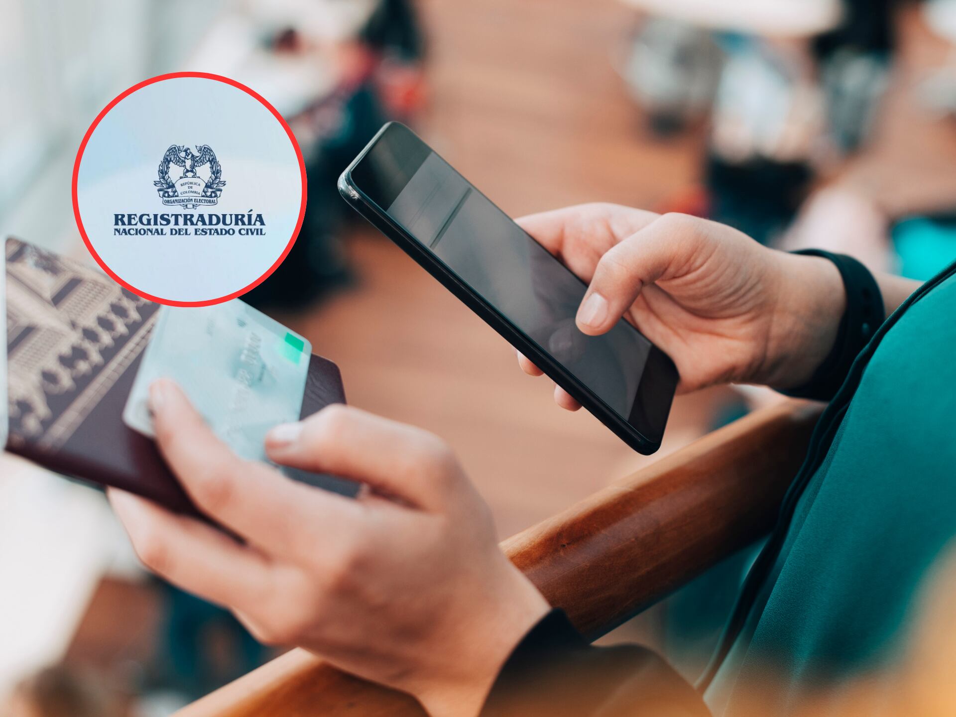 Persona con documento en mano usando su celular, encima logo de la Registraduría Nacional (Fotos: Getty Images / redes sociales)