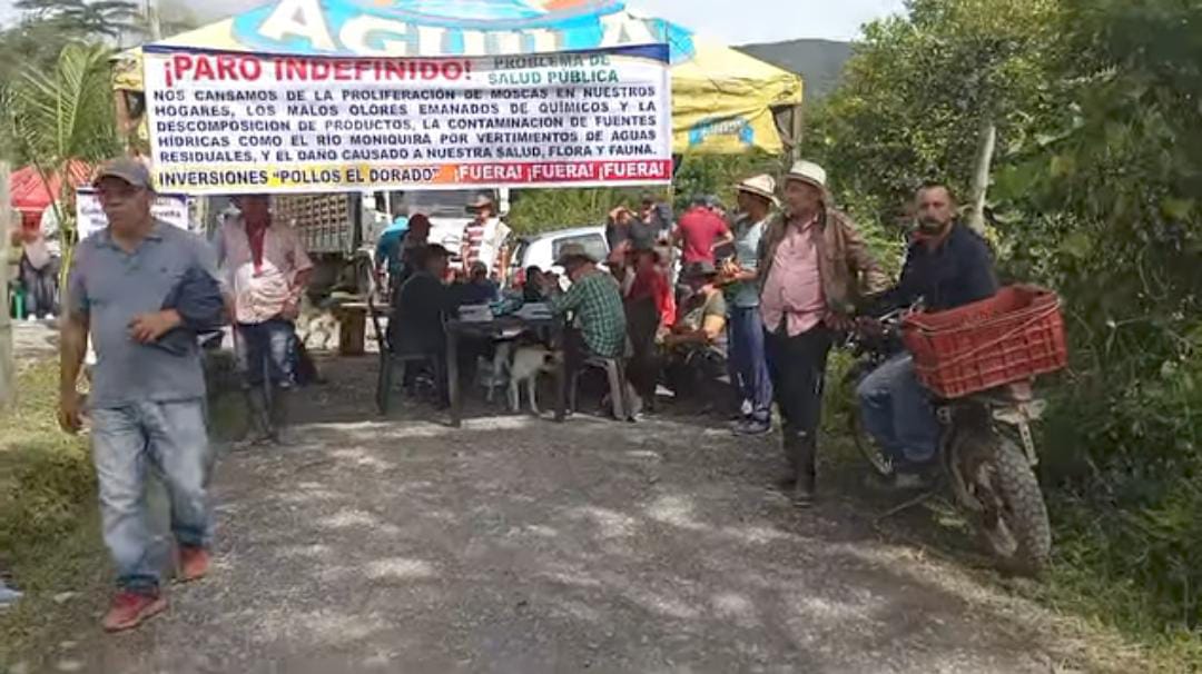 La comunidad de seis veredas de Moniquirá llevaron a cabo un paro frente a los galpones de Pollos El Dorado en el sector La Vega / Foto: Suministrada.
