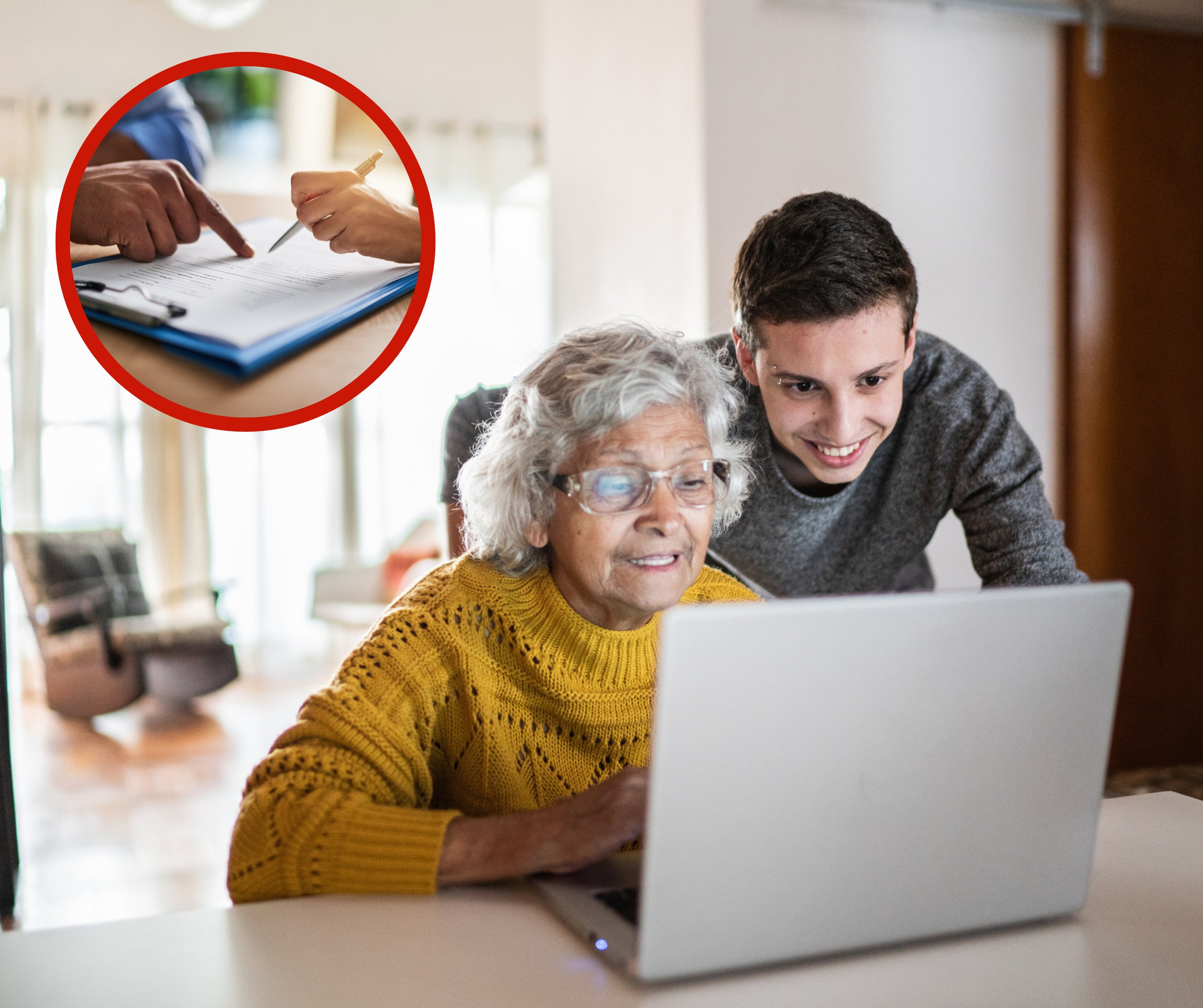 Dos personas revisando la computadora y una imagen de alguien llenando una encuesta (Getty Images)