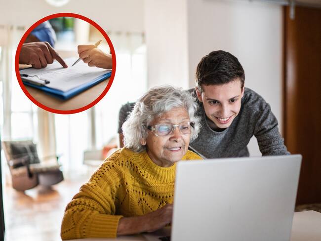 Dos personas revisando la computadora y una imagen de alguien llenando una encuesta (Getty Images)