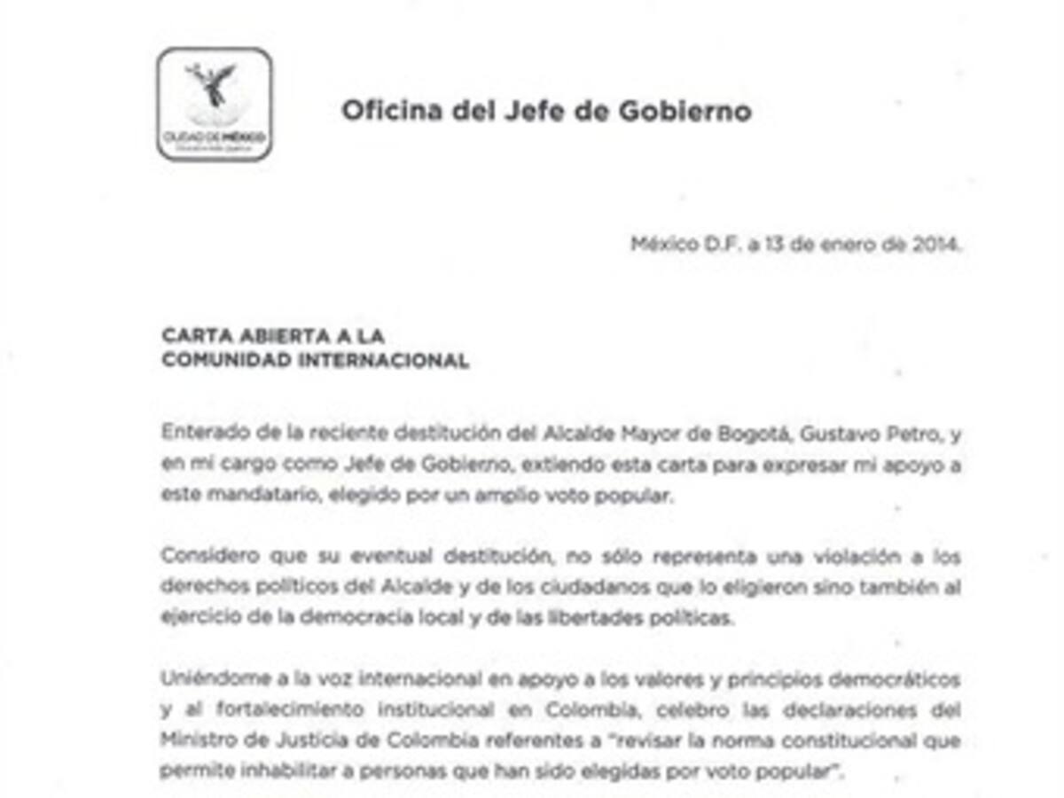Jefe de Gobierno del Distrito Federal mexicano envía carta de apoyo a Petro