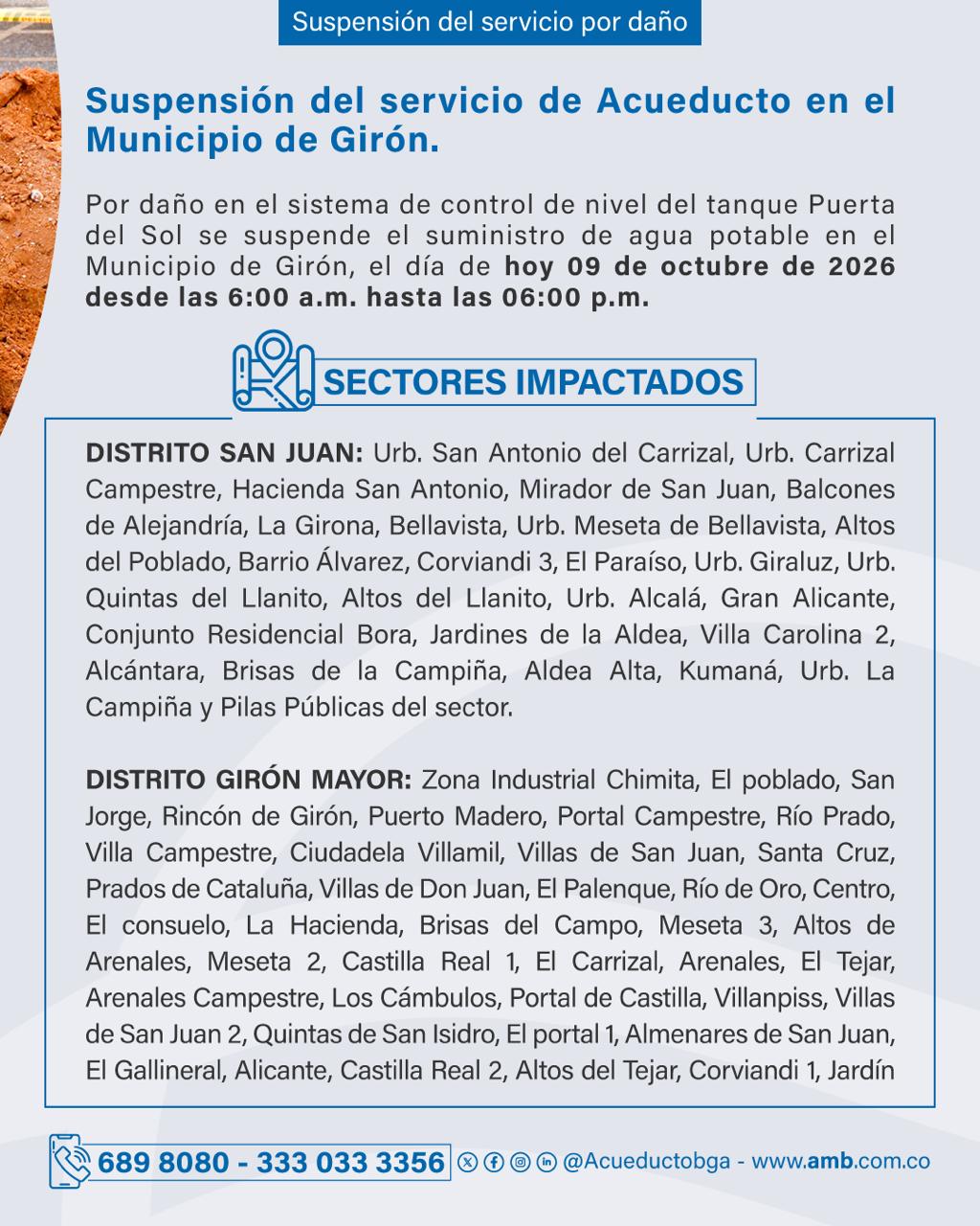 Sectores afectados por corte de agua en Girón, Santander