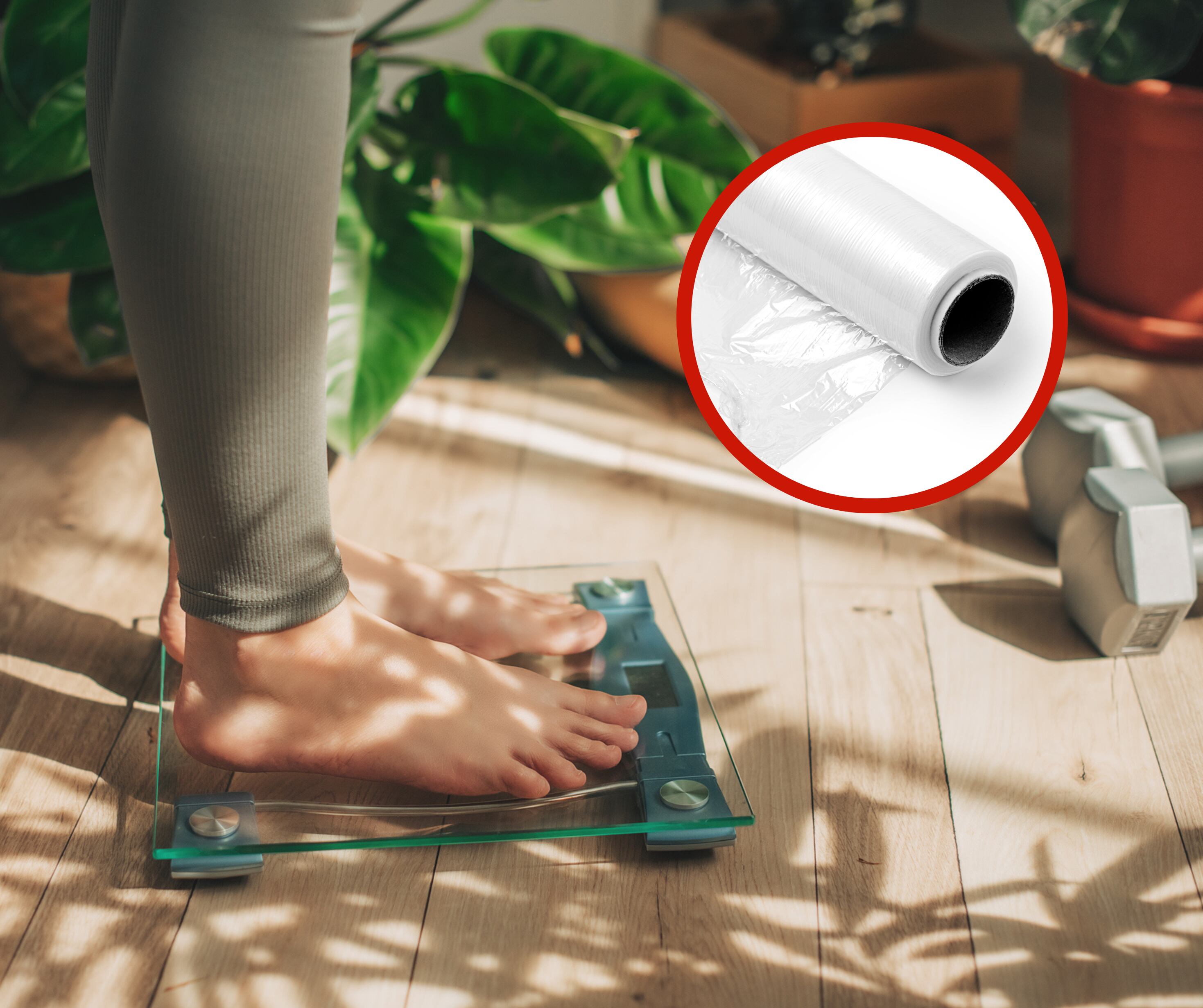 Mujer joven pesándose en una báscula junto a un rollo de plástico (Foto vía Getty Images)