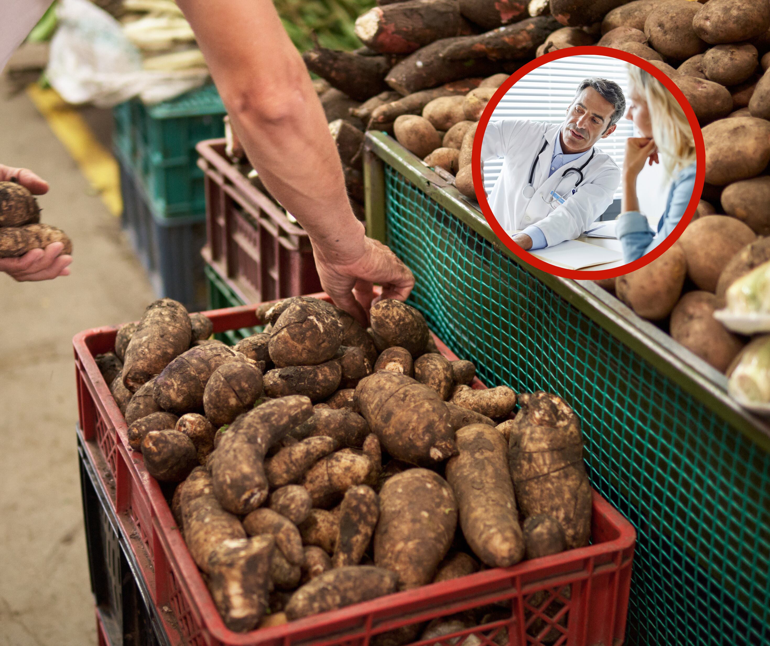 Hombre seleccionan arracachas de una canasta junto a un doctor que explica algo a su paciente (Getty Images)