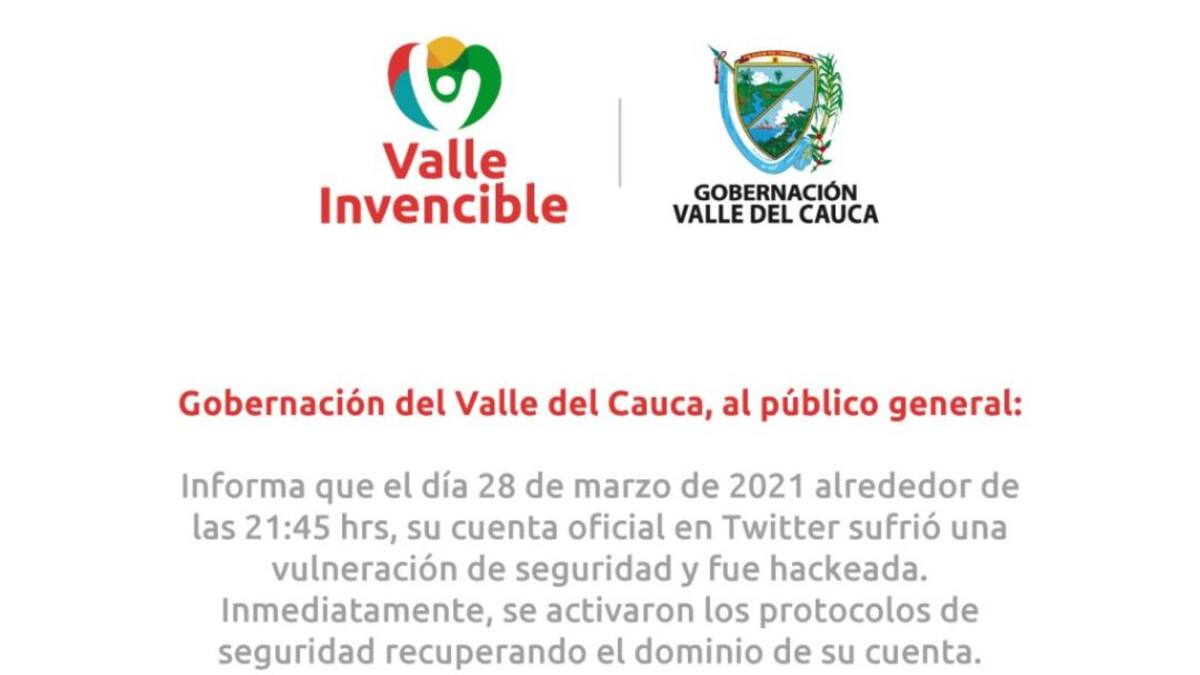 La cuenta oficial de Twitter de la Gobernación del Valle fue hackeada