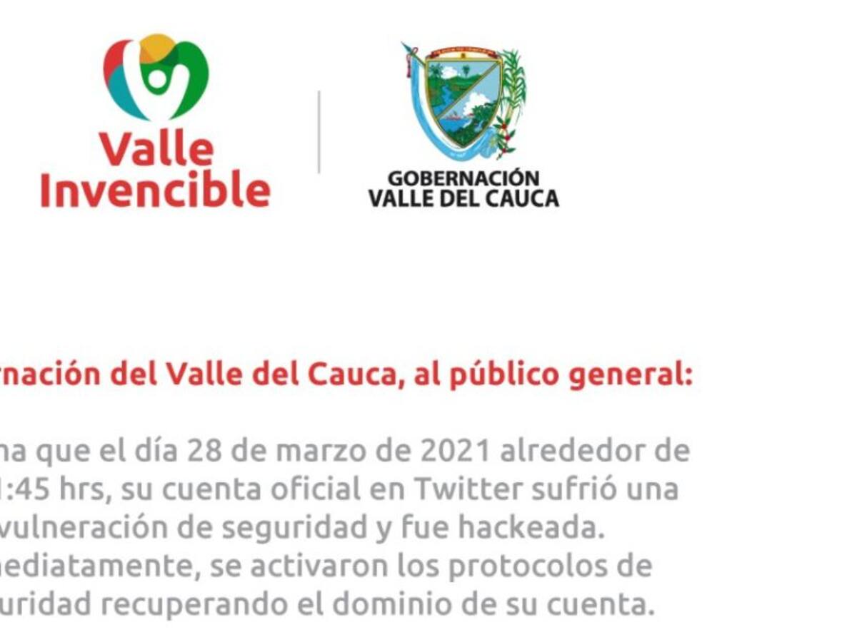 La cuenta oficial de Twitter de la Gobernación del Valle fue hackeada