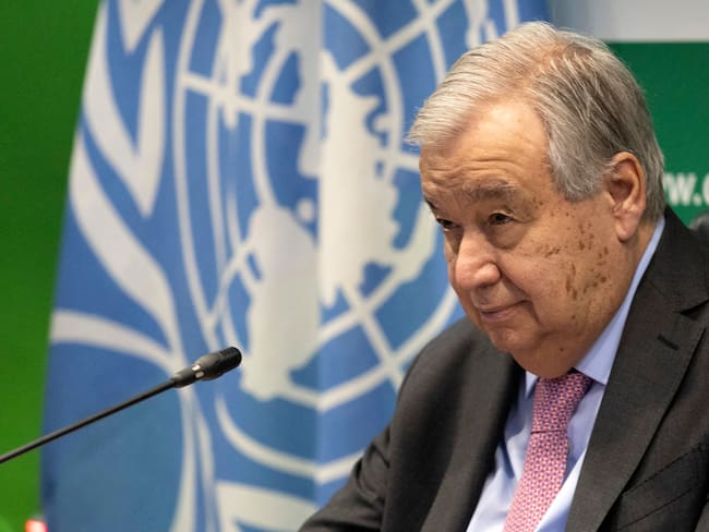 Pretoria (South Africa), 11/12/2024.- Secretary-General of the United Nations, Antonio Guterres, attends a joint press conference with the Minister of International Relations and Cooperation of South Africa during the former's visit to Pretoria, South Africa, 11 December 2024. South Africa is the first African country to hold the rotating year-long G20 presidency, which South Africa assumed on 01 December 2024. (Sudáfrica) EFE/EPA/KIM LUDBROOK