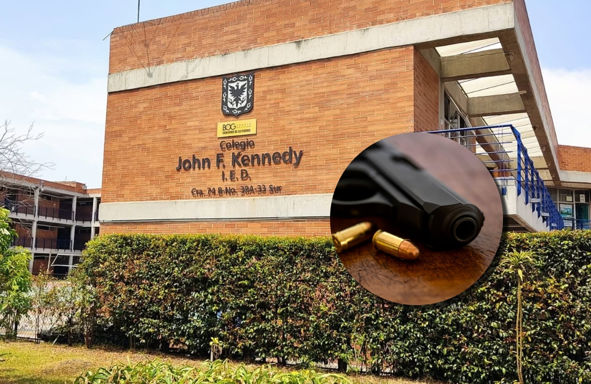 Colegio John F. Kennedy y arma de fuego. Fotos: Facebook / Getty Images