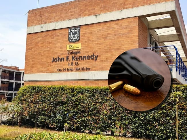 Colegio John F. Kennedy y arma de fuego. Fotos: Facebook / Getty Images
