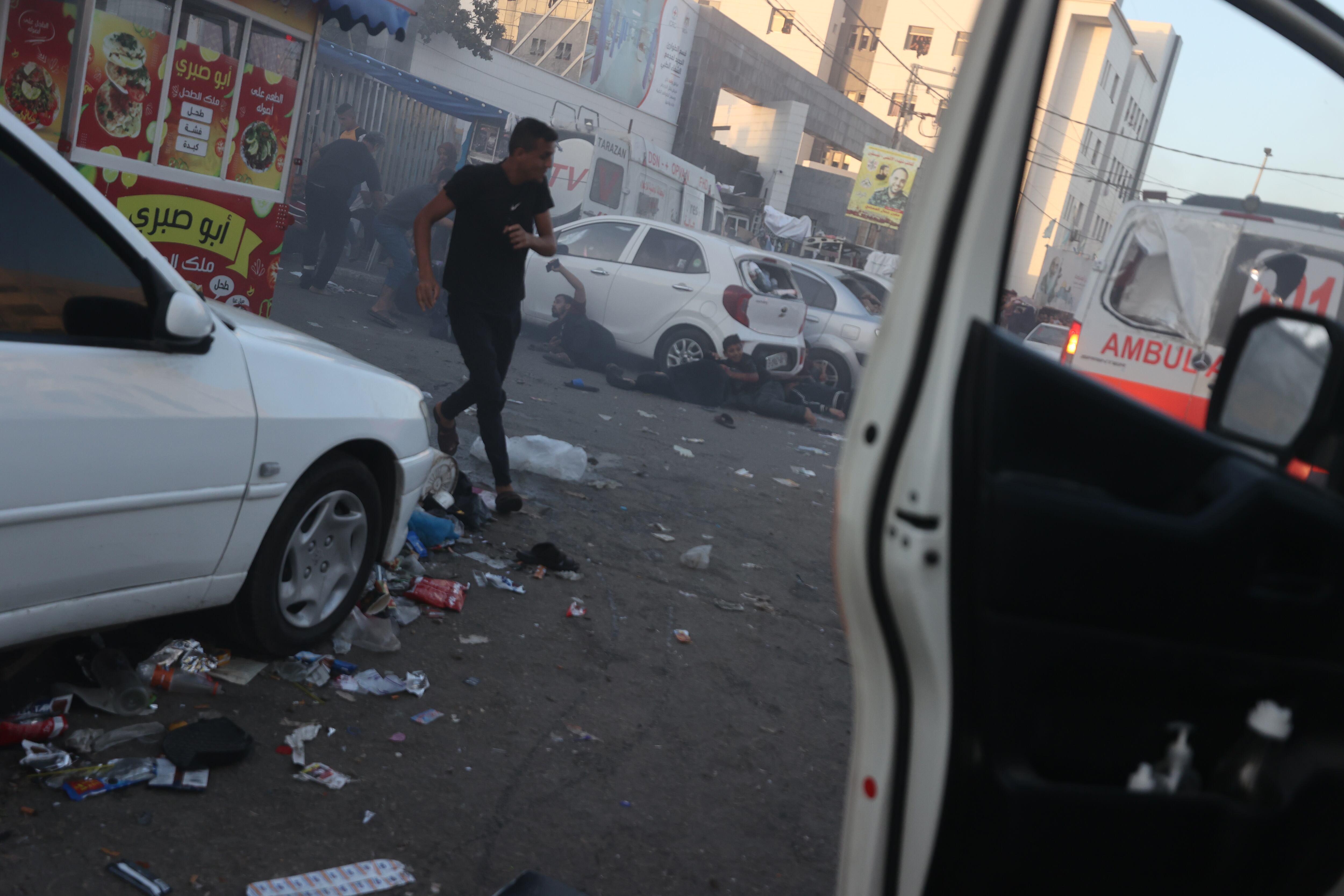 GAZA CITY, GAZA - NOVEMBER 3: (EDITORS NOTE: Image depicts death) A view of the street following the Israeli attacks on the entrance of the Al-Shifa Hospital in Gaza City, Gaza on November 3, 2023. There are dead and wounded as a result of the Israeli targeting of ambulances preparing to go south to reach the Rafah border crossing, said Gaza Health Spokesperson. (Photo by Ali Jadallah/Anadolu via Getty Images)