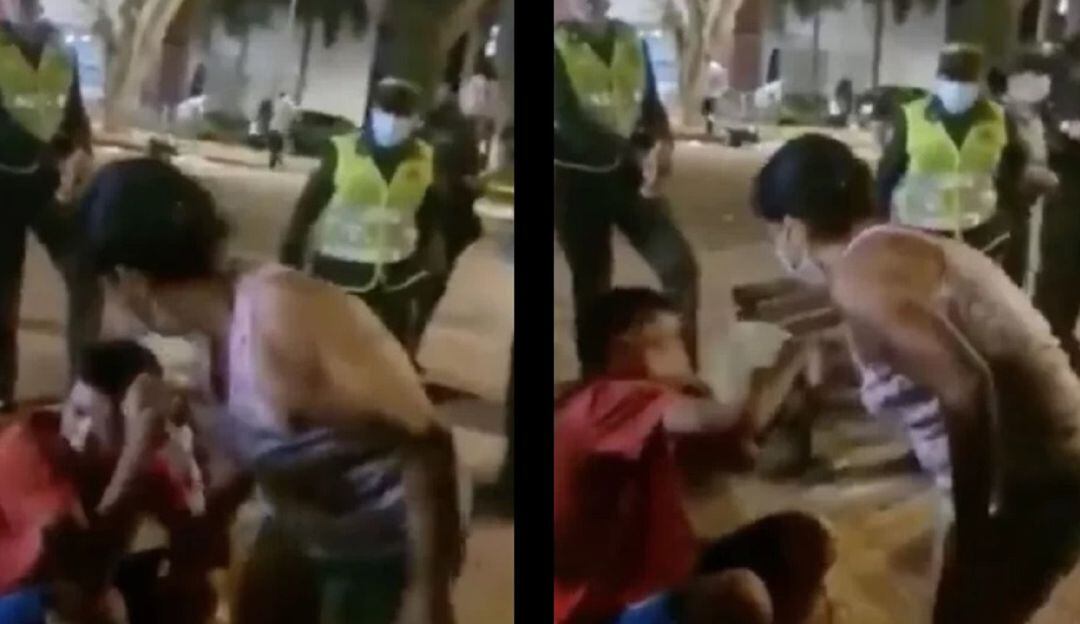 A coscorrones madre reprende a su hijo porque lo pillaron robando