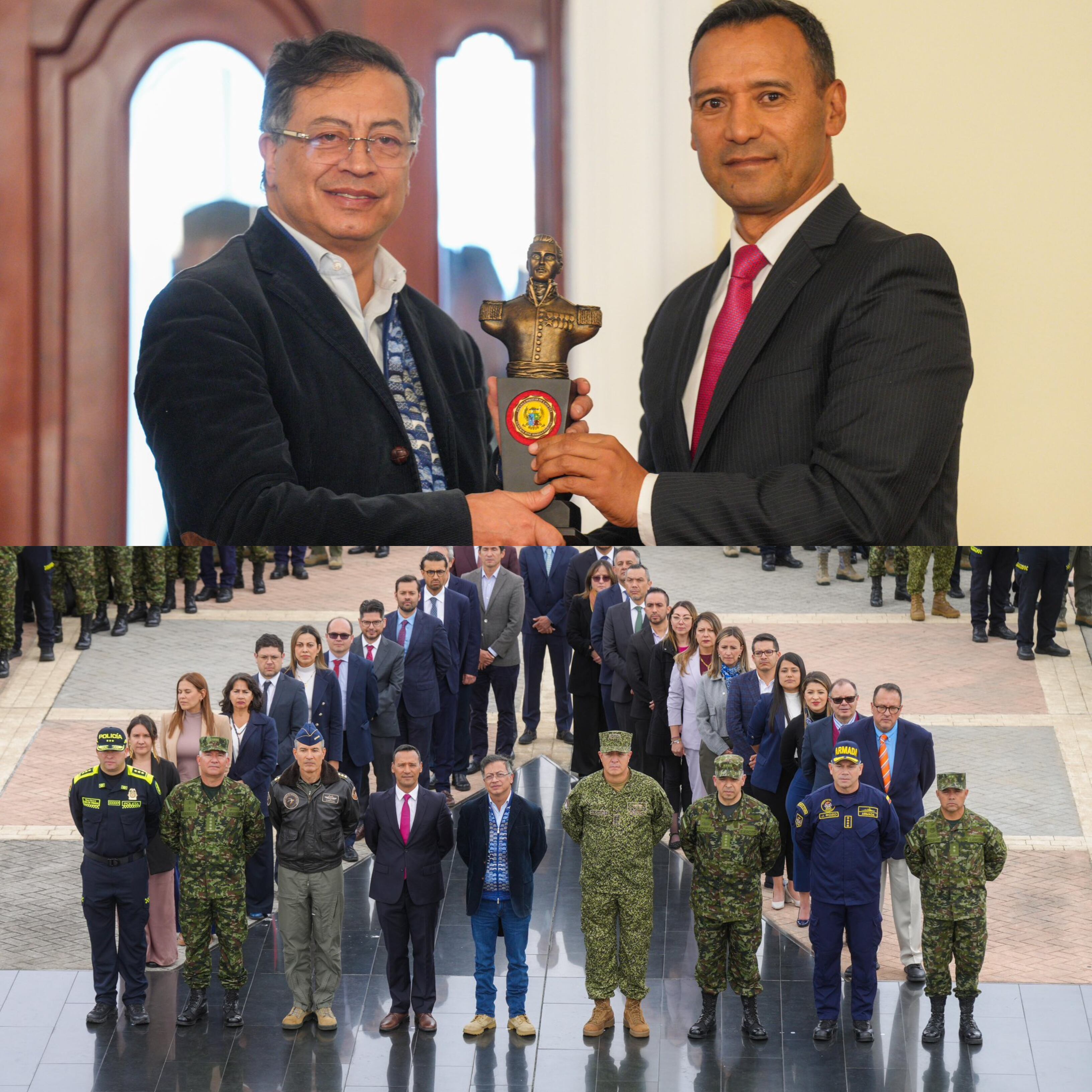 Ministro de Defensa, Pedro Sánchez, le entregó la Estatuilla de José María Córdova como símbolo del compromiso firme de las Fuerzas Militares y la Policía con su Comandante Supremo.