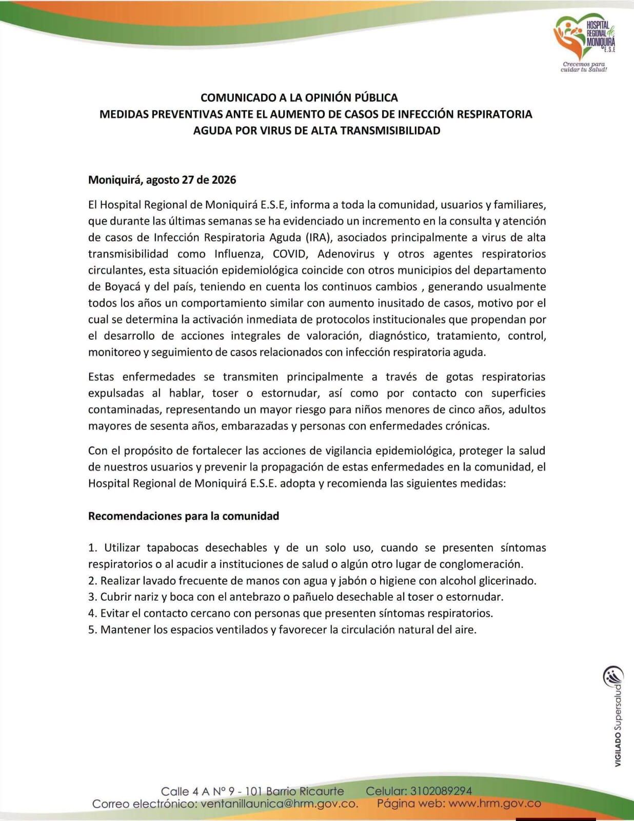 Comunicado Hospital Regional de Moniquirá.