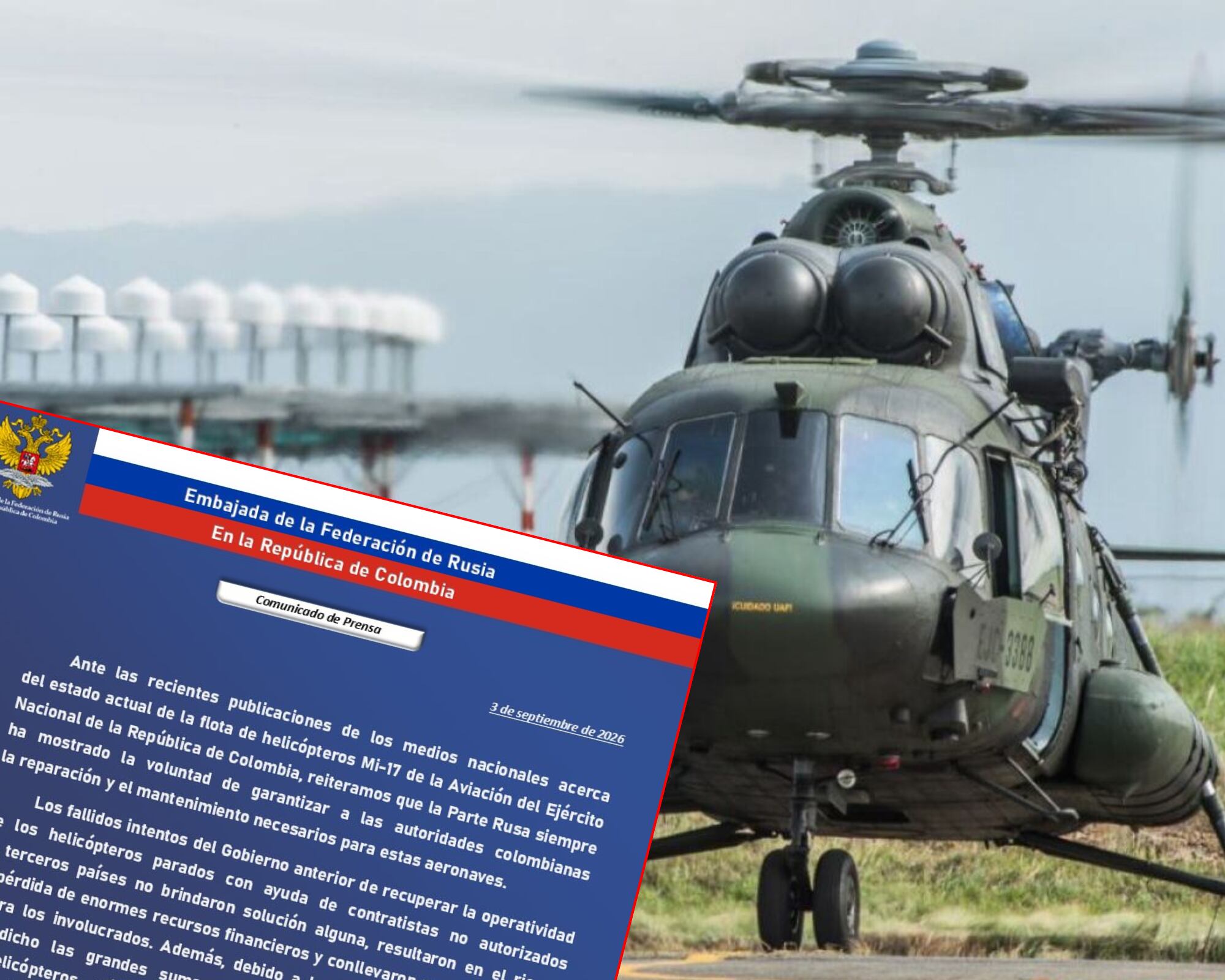 La embajada rusa criticó los ‘fallidos intentos del Gobierno anterior de recuperar la operatividad de los helicópteros’ con ayuda de ‘contratistas no autorizados’.
(Foto:   Caracol Radio / Archivo / Cortesía Embajada de Rusia en Bogotá)