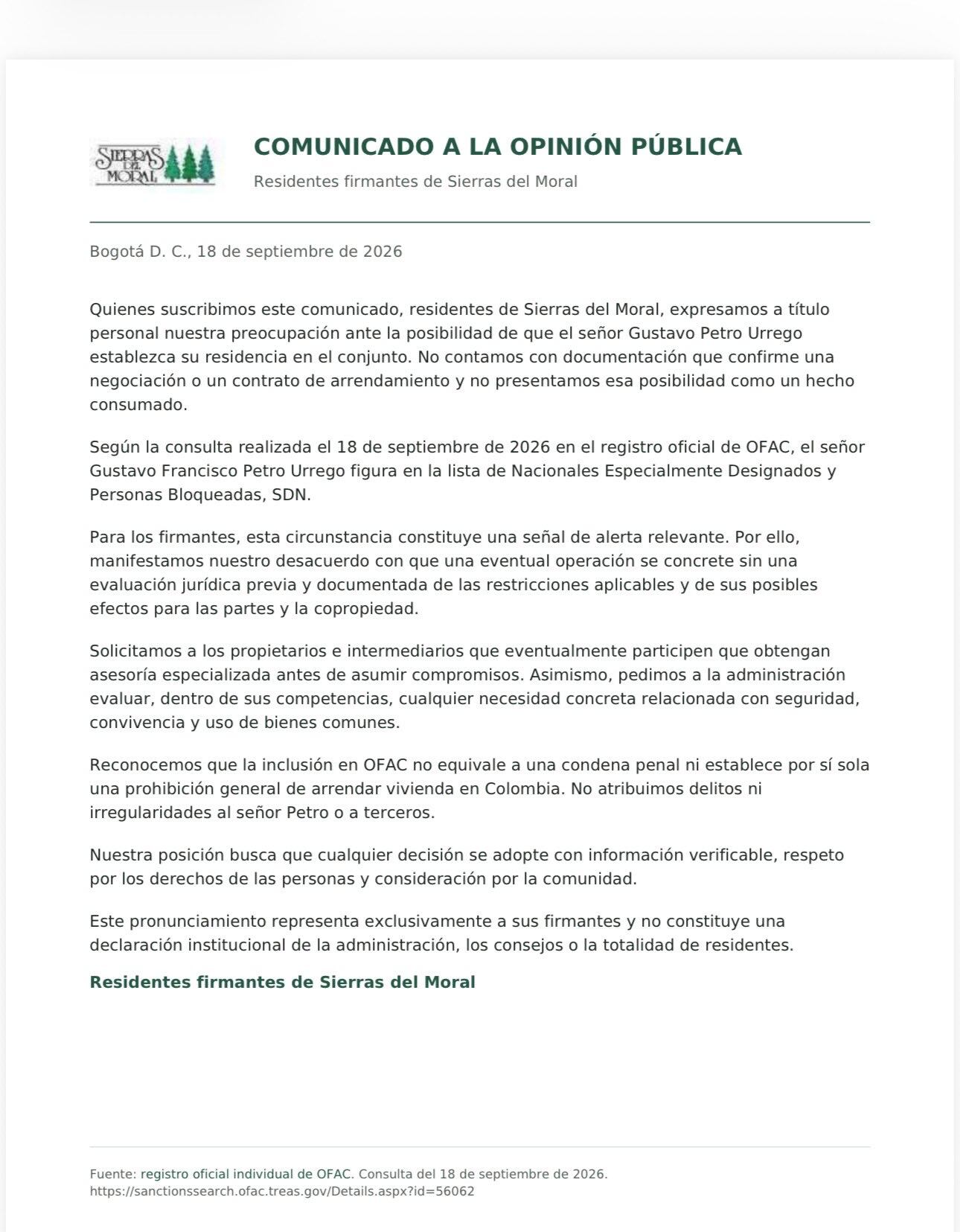 Carta de algunos residentes del conjunto Sierras del Moral que se oponen a posible llegada de Gustavo Petro. Foto: suministrada.