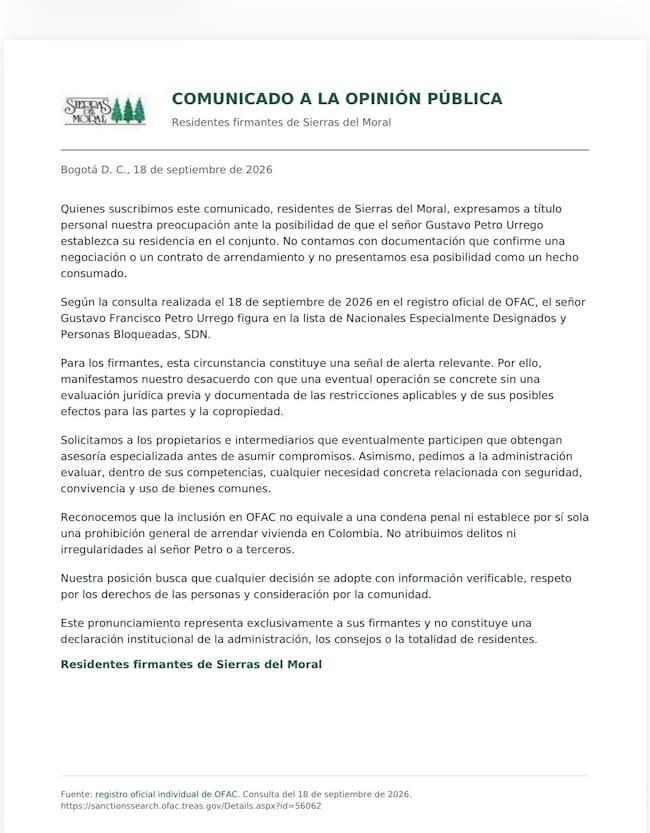 Carta de algunos residentes del conjunto Sierras del Moral que se oponen a posible llegada de Gustavo Petro. Foto: suministrada.