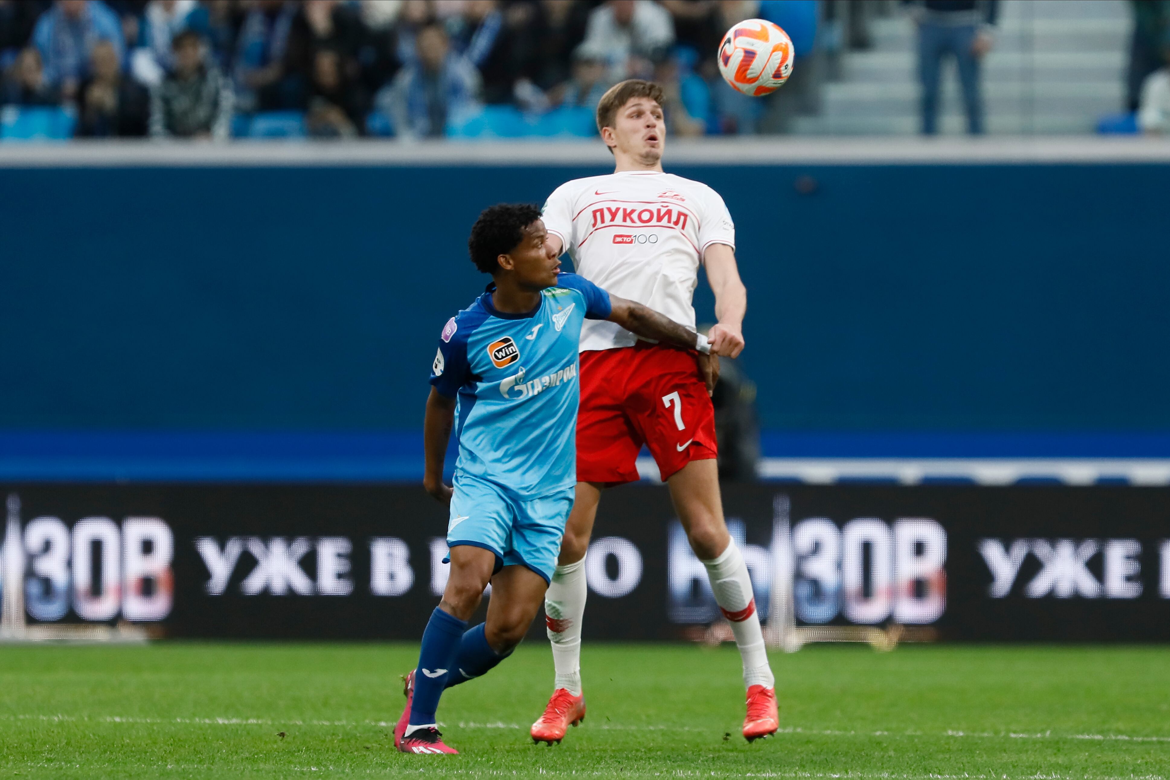 Wilmar Barrios (L) of Zenit St. Petersburg and Aleksandr Sobolev of Spartak Moscow vie for the ball during the Russian Premier League match between FC Zenit Saint Petersburg and FC Spartak Moscow on May 7, 2023 at Gazprom Arena in Saint Petersburg, Russia. (Photo by Mike Kireev/NurPhoto via Getty Images)