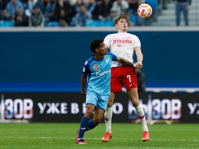 Wilmar Barrios (L) of Zenit St. Petersburg and Aleksandr Sobolev of Spartak Moscow vie for the ball during the Russian Premier League match between FC Zenit Saint Petersburg and FC Spartak Moscow on May 7, 2023 at Gazprom Arena in Saint Petersburg, Russia. (Photo by Mike Kireev/NurPhoto via Getty Images)