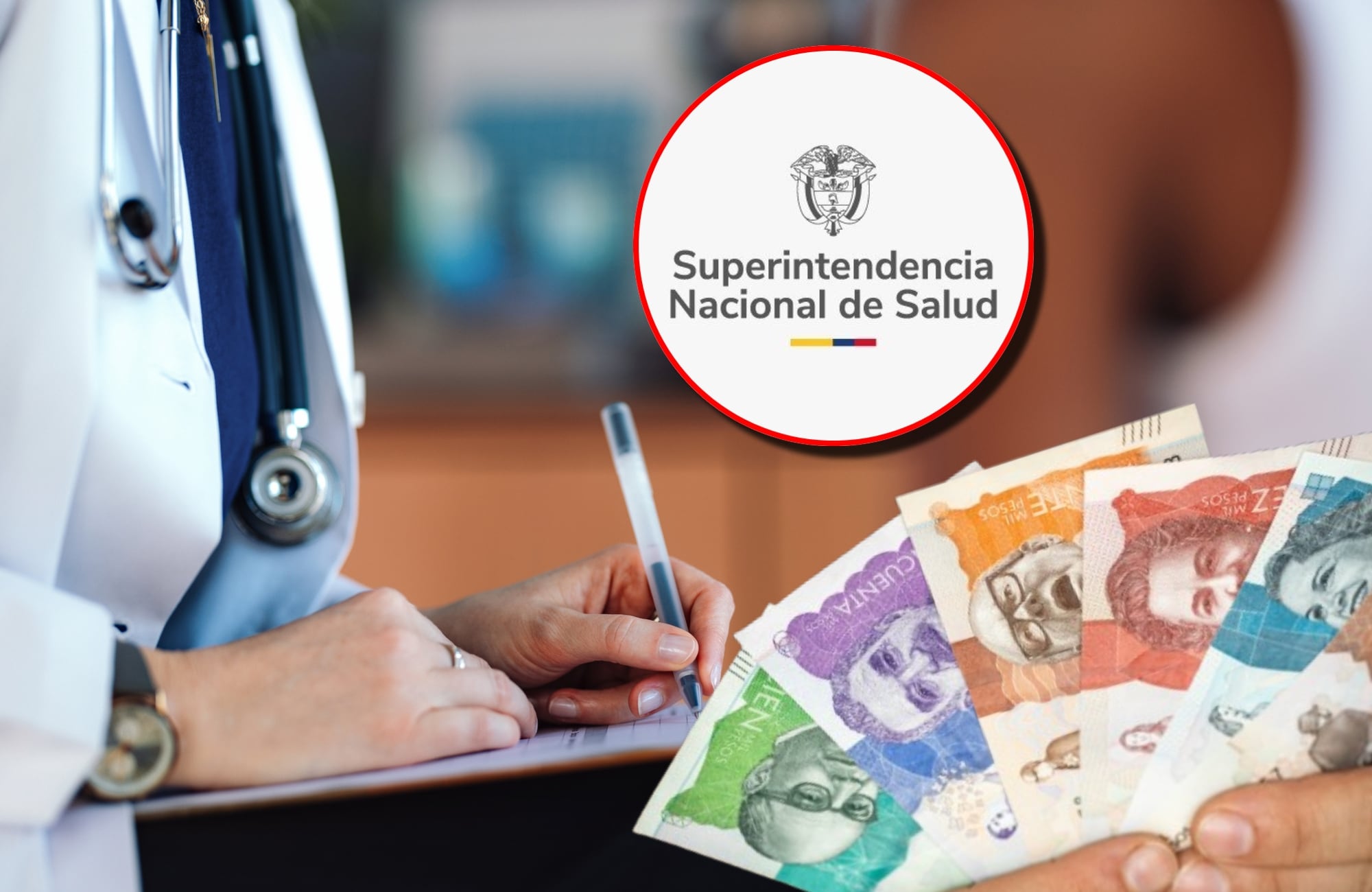 Imagen de referencia de médico, logo SuperSalud y dinero Colombia. Fotos: Getty Images / SuperSalud