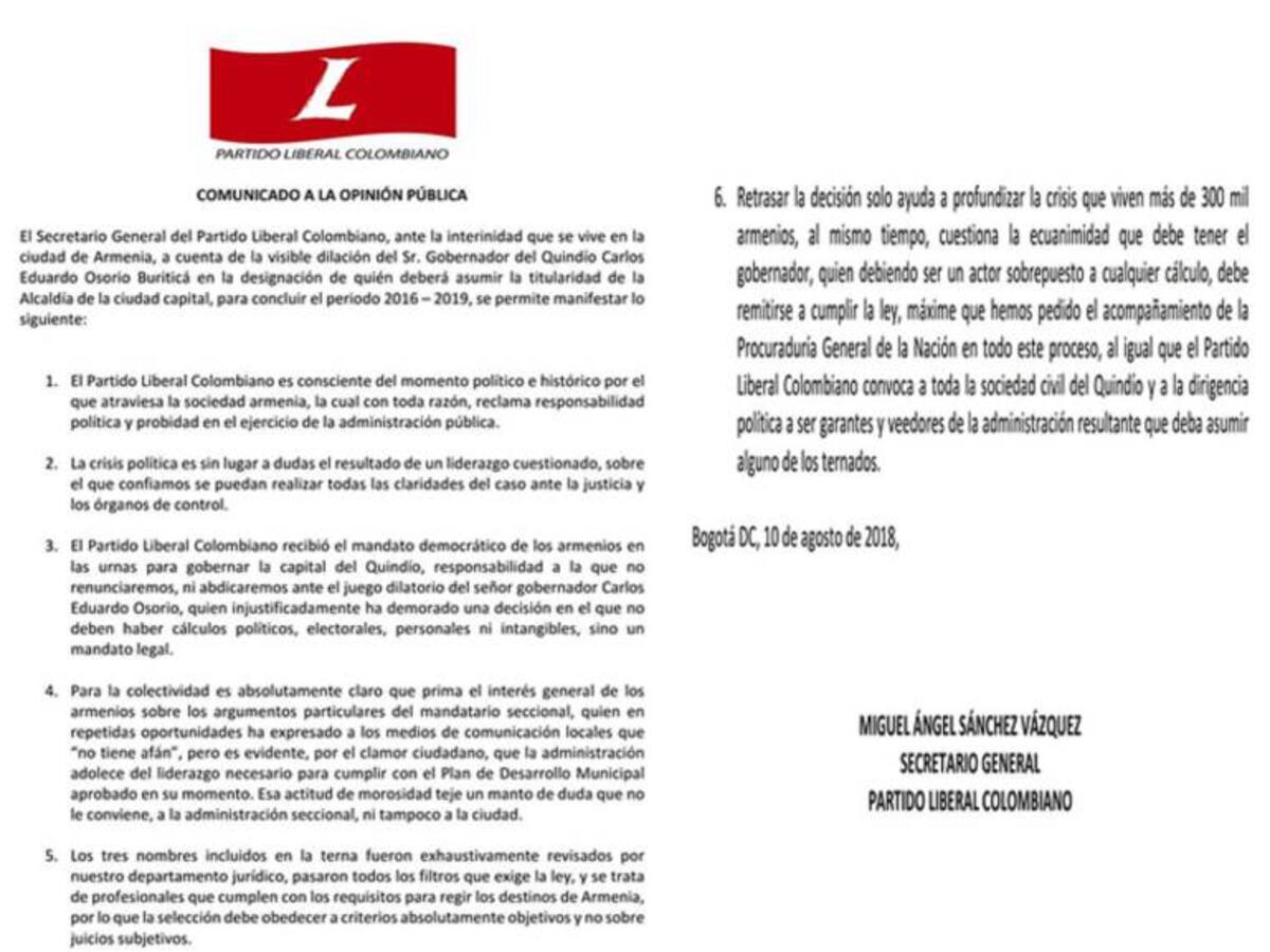 Partido Liberal solicita gobernador no dilatar designación alcalde Armenia