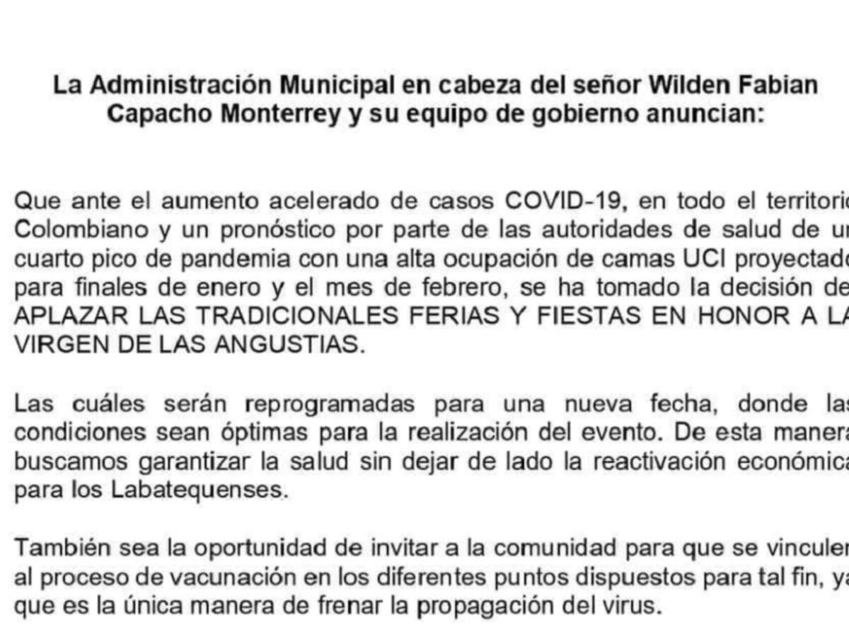 Aplazadas ferias en Labateca por aumento de COVID-19