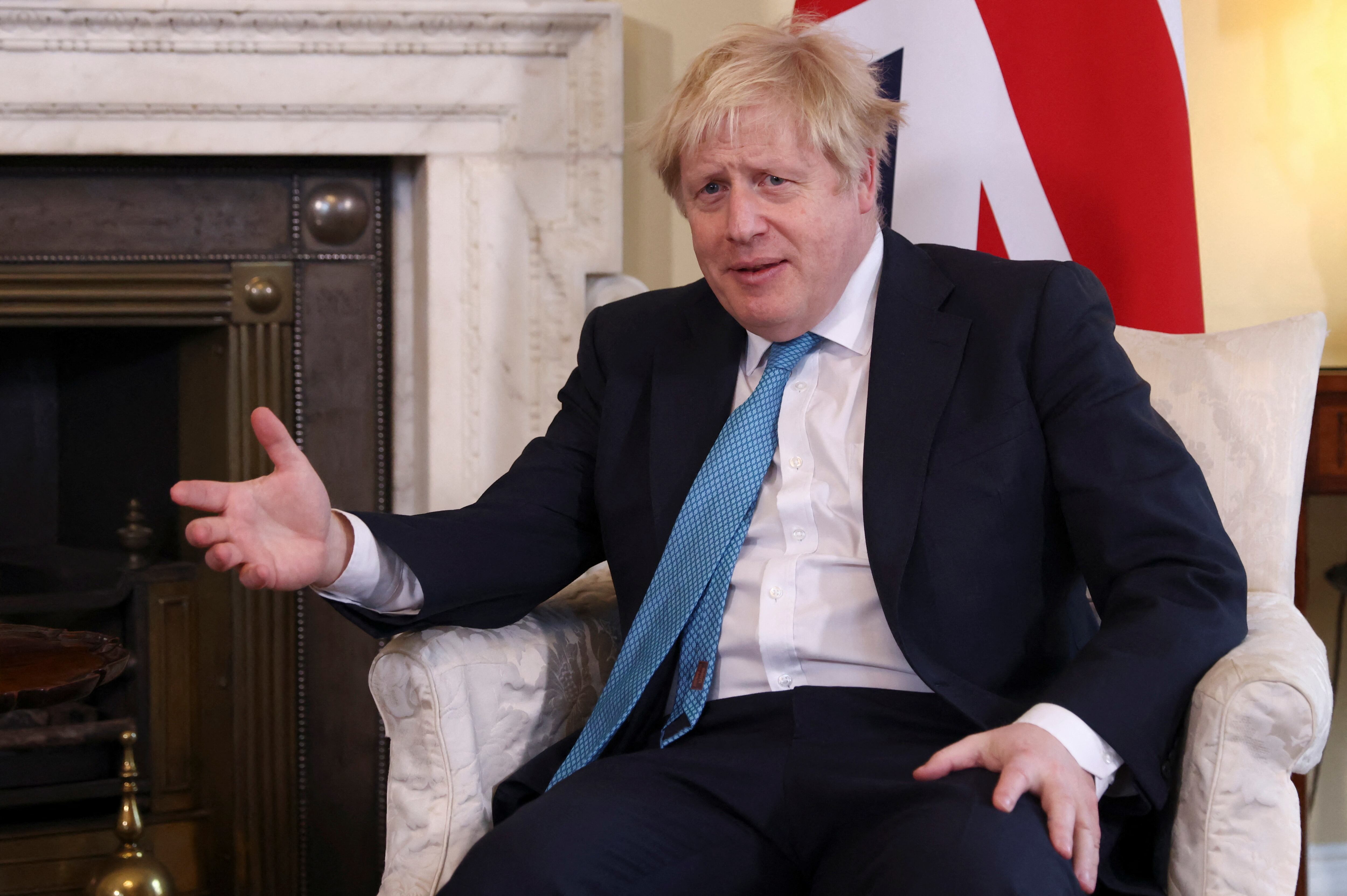 LONDON, ENGLAND - FEBRUARY 08: British Prime Minister Boris Johnson gestures during a meeting with Lithuanian Prime Minister Ingrida Simonyte at Downing Street on February 8, 2022 in London, England. (Photo by Tom Nicholson - WPA Pool/Getty Images)