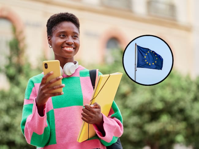 Mujer universitaria y de fondo la bandera de la Unión Europea (Fotos vía Getty Images)