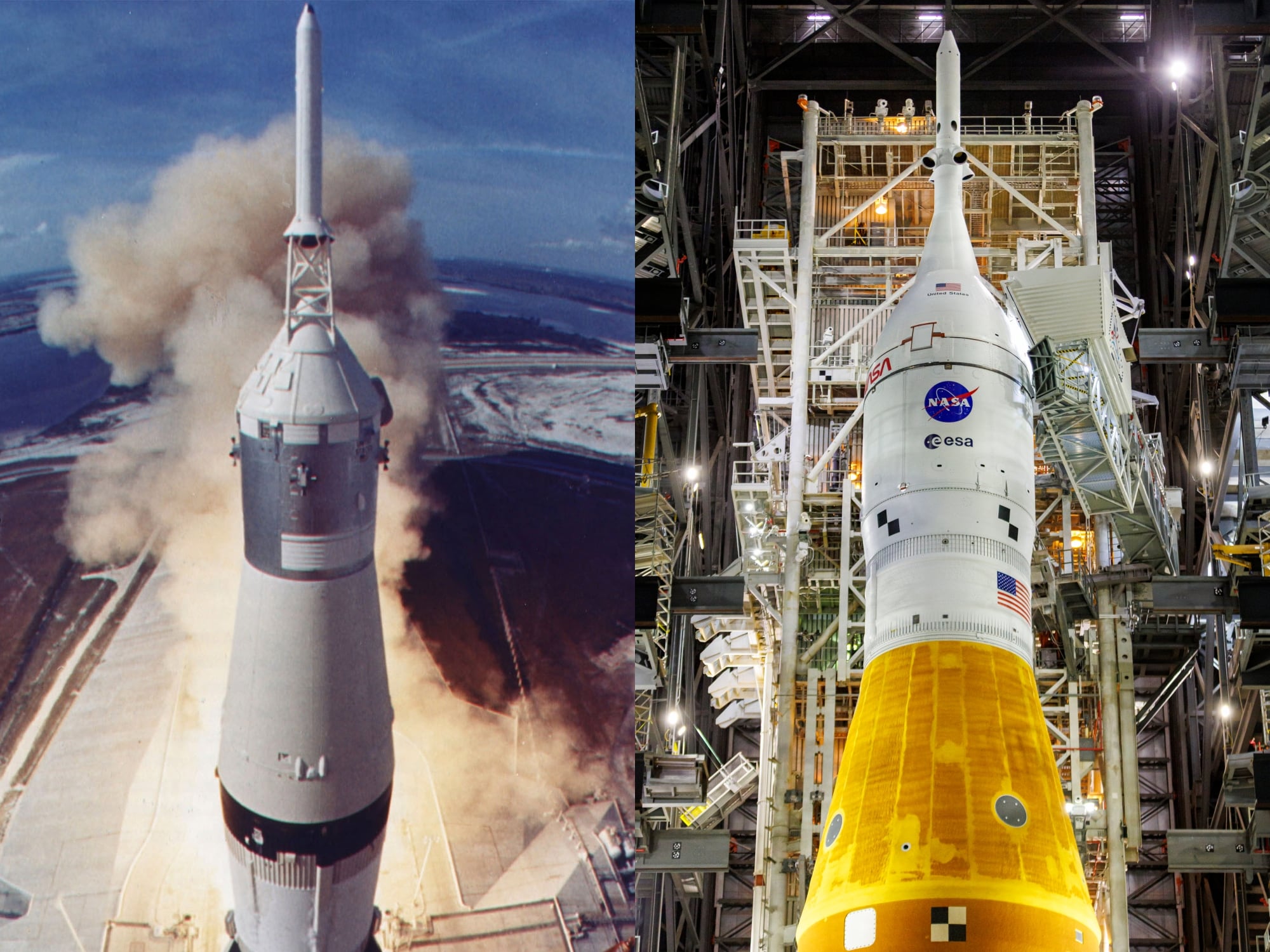 Despegues de las misiones Apolo 11, en 1969; y Artemis II, en 2026. Fotos: Getty Images.