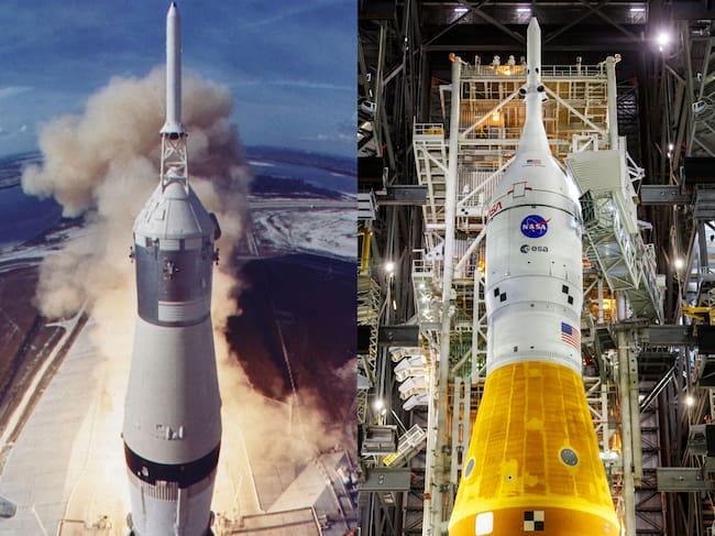 Despegues de las misiones Apolo 11, en 1969; y Artemis II, en 2026. Fotos: Getty Images.