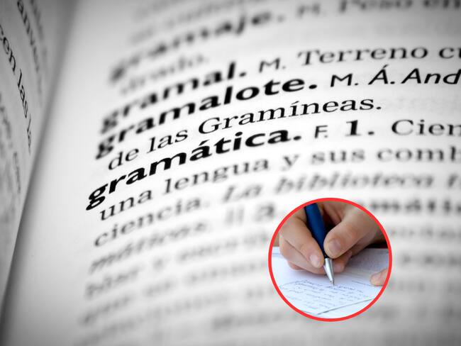 Imagen de una de las páginas de un diccionario de español y de fondo una persona escrbiendo con un esfero sobre un papel (Fotos vía Getty Images)