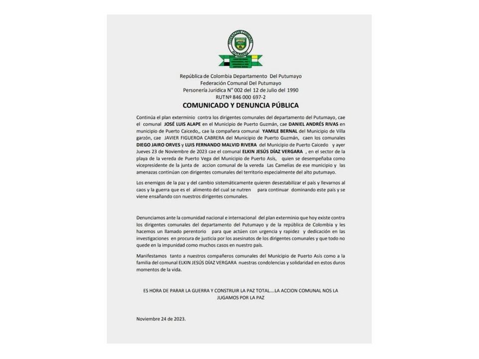 Según se describe en el documento, las amenazas continúan con dirigentes comunales del territorio.