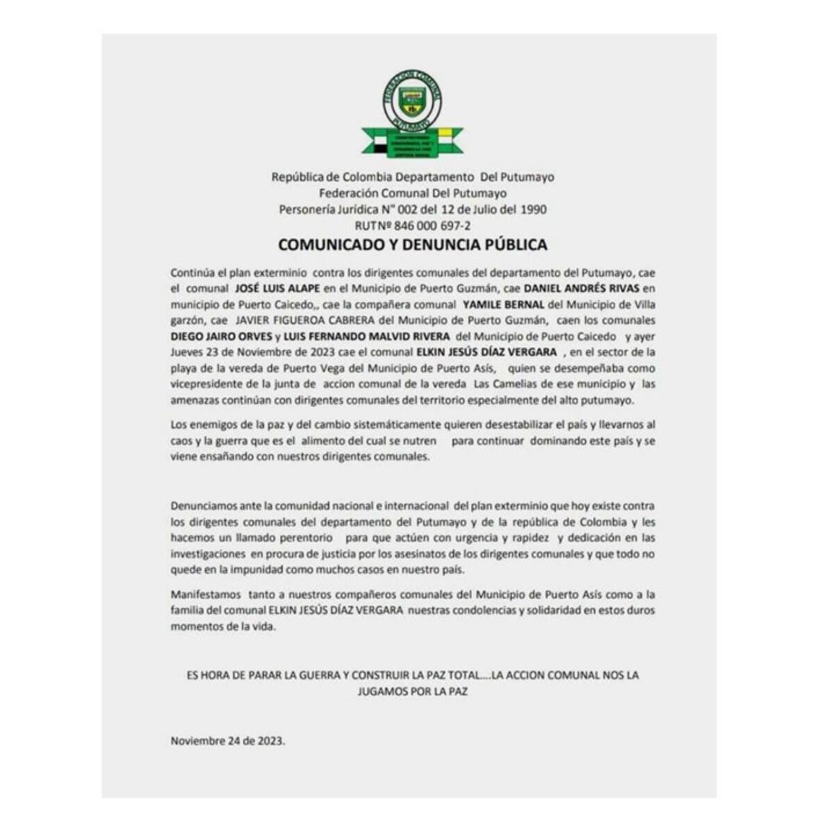 Crítica situación de seguridad de líderes comunales en el Putumayo