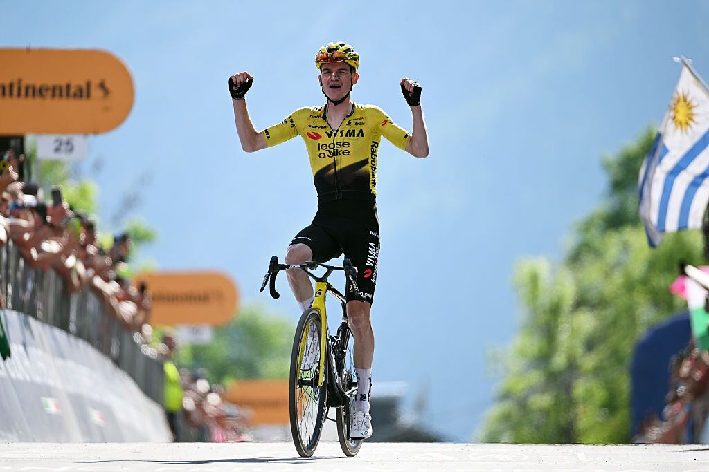 ALLEGHE, ITALY - MAY 29: Sepp Kuss of United States and Team Visma | Lease a Bike celebrates at finish line as stage winner during the 109th Giro d'Italia 2026, Stage 19 a 151km stage from Feltre to Alleghe - Piani di Pezze 1467m / #UCIWT / on May 29, 2026 in Alleghe, Italy. (Photo by Tim de Waele/Getty Images)
