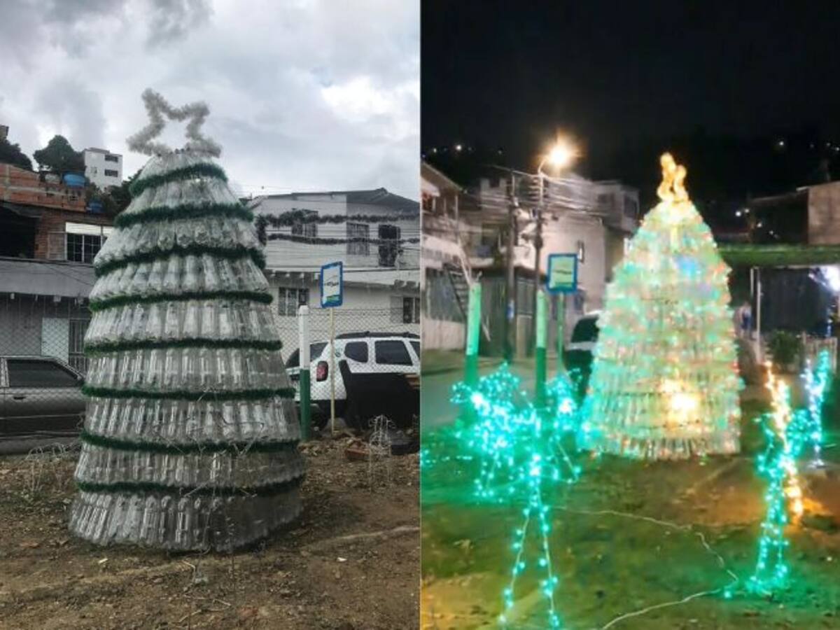 Un árbol navideño hecho con botellas recicladas, ilumina las noches en un barrio de Floridablanca