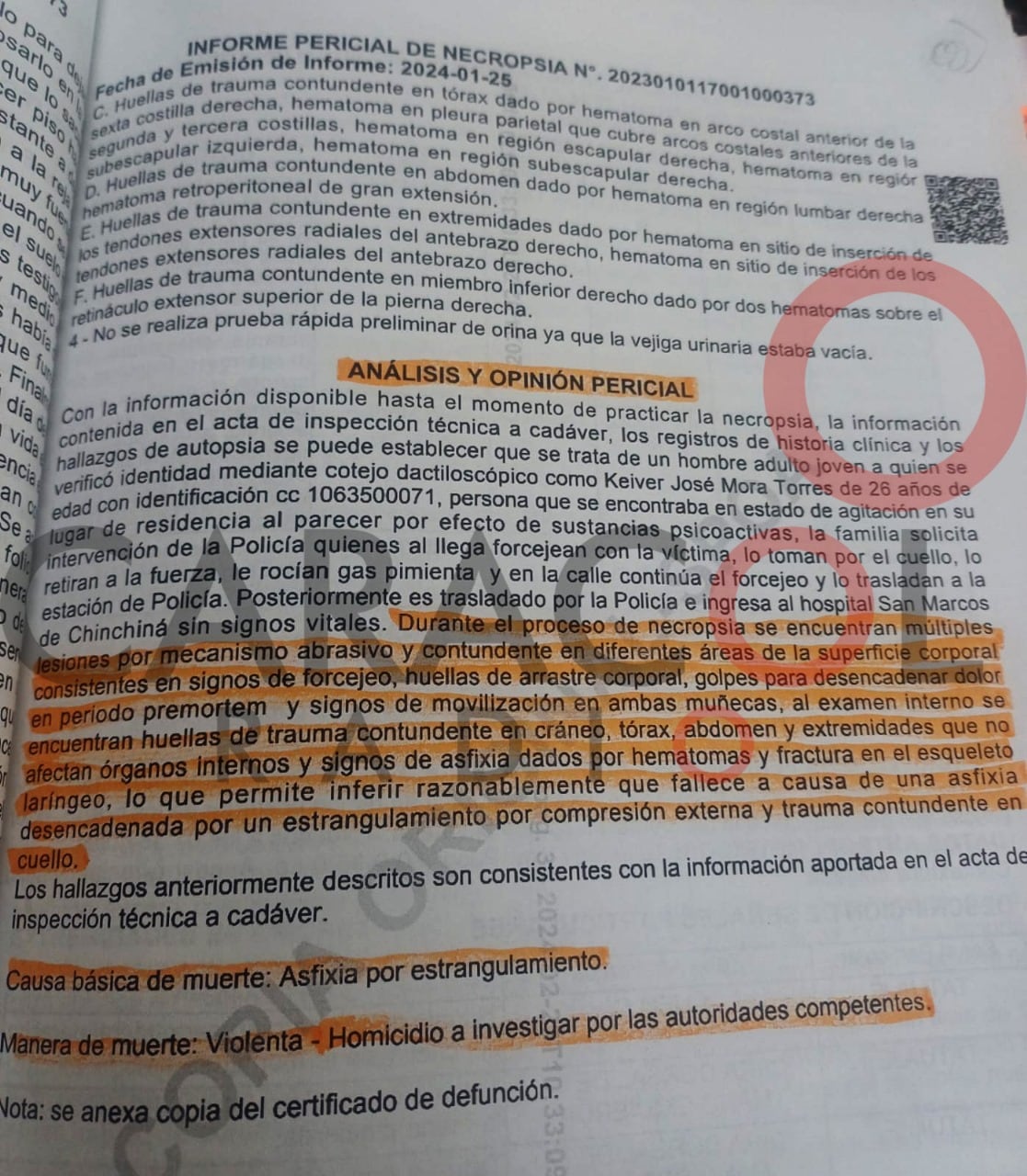 Informe de Medicina Legal dice que detenido por policías en Chinchiná, Cladas, fue asfixiado y estrangulado