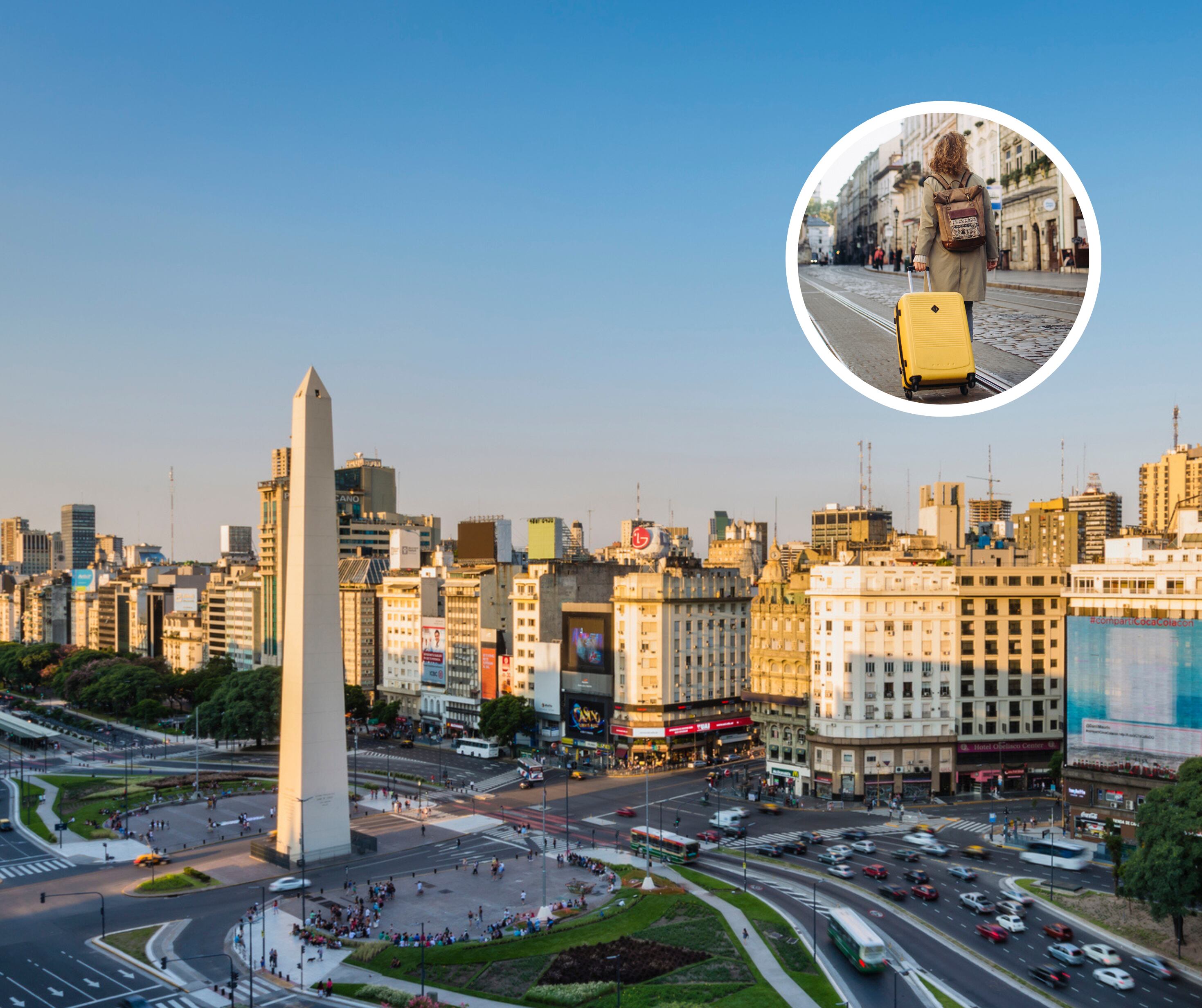 Imagen panorámica de Buenos Aires Argentina junto a la imagen de una mujer con una maleta de viaje (Getty Images)