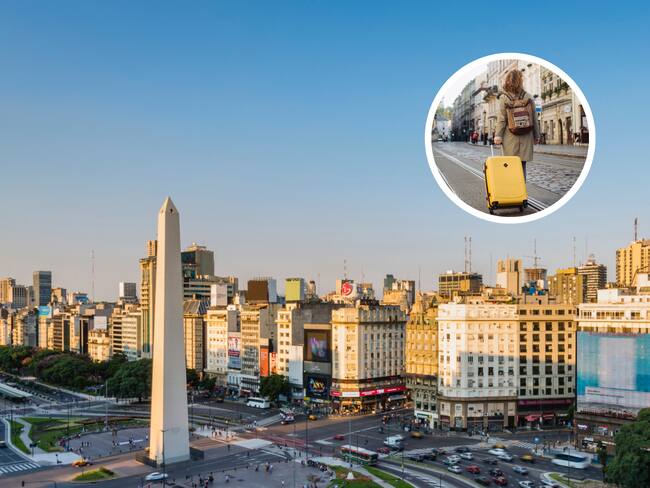Imagen panorámica de Buenos Aires Argentina junto a la imagen de una mujer con una maleta de viaje (Getty Images)