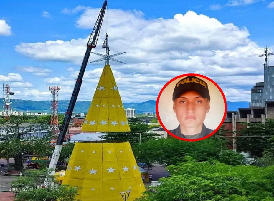 Auxiliar de Policía, sufre accidente en Girardot, al caérsele árbol de navidad de 30 metros; falleció en la Clínica San Rafael Dumian. Cortesía: Alcaldía de Girardot.
