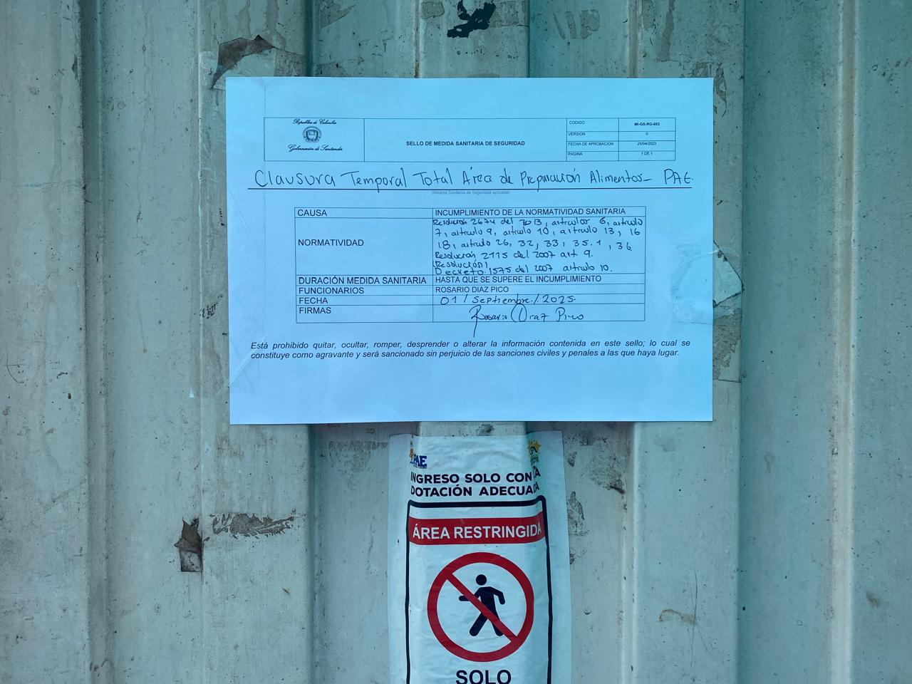 Otro colegio cerrado en Santander: 305 estudiantes afectados desde este lunes 8 de septiembre. Foto: Suministrada.