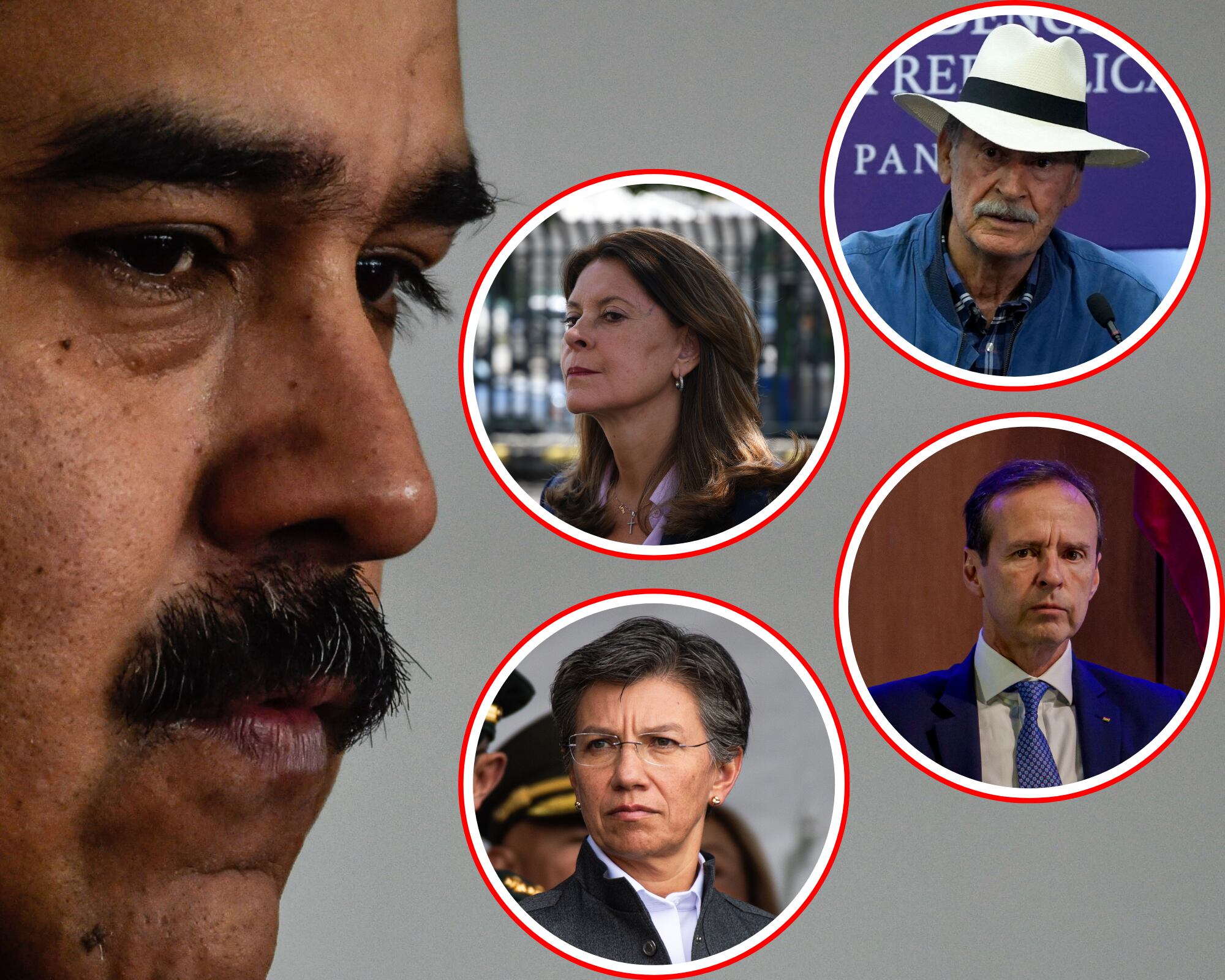 El presidente Nicolás Maduro y algunos de los políticos que no lograron entrar a Venezuela. En orden de arriba hacia abajo, el expresidente mexicano Vicente Fox, la exvicepresidenta colombiana Marta Lucía Ramírez, el expresidente boliviano Jorge Quiroga y la exalcaldesa de Bogotá, Claudia López.
(foto: Getty / Caracol Radio)