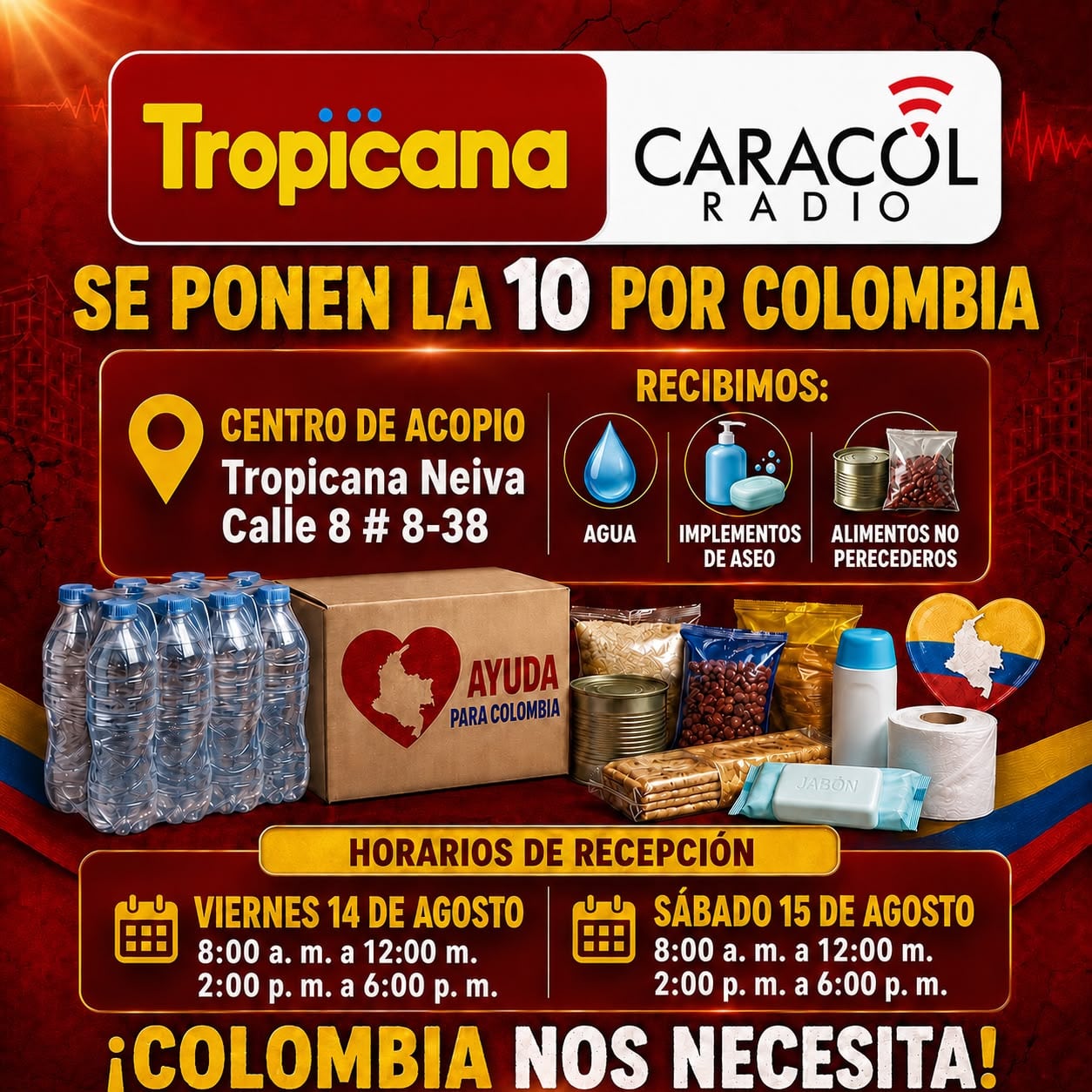 Caracol Radio Neiva y Tropicana Neiva se unen a la campaña “Se ponen la 10 por Colombia” para recolectar ayudas destinadas a los damnificados por el terremoto. Foto Caracol Radio