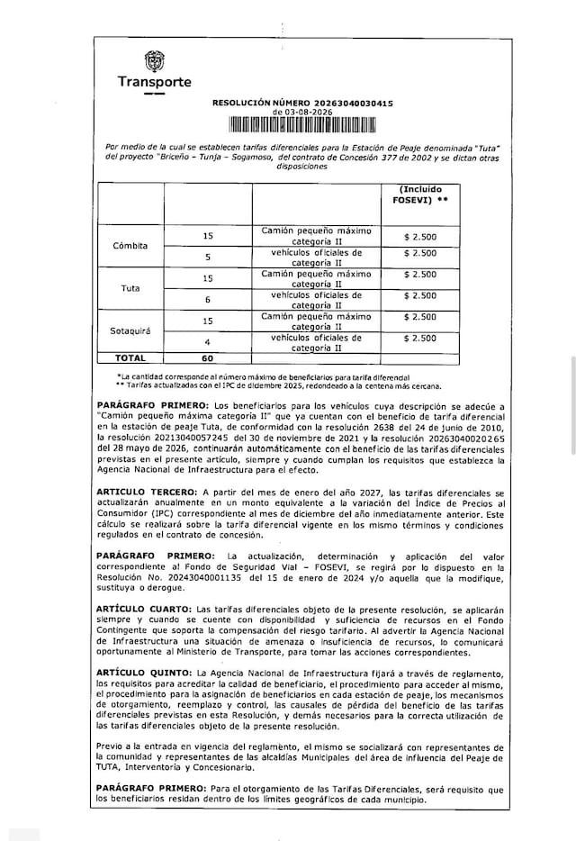 Resolución del Ministerio de Transporte sobre la tarifa diferencial en el cobro del peaje de Tuta, Boyacá.
