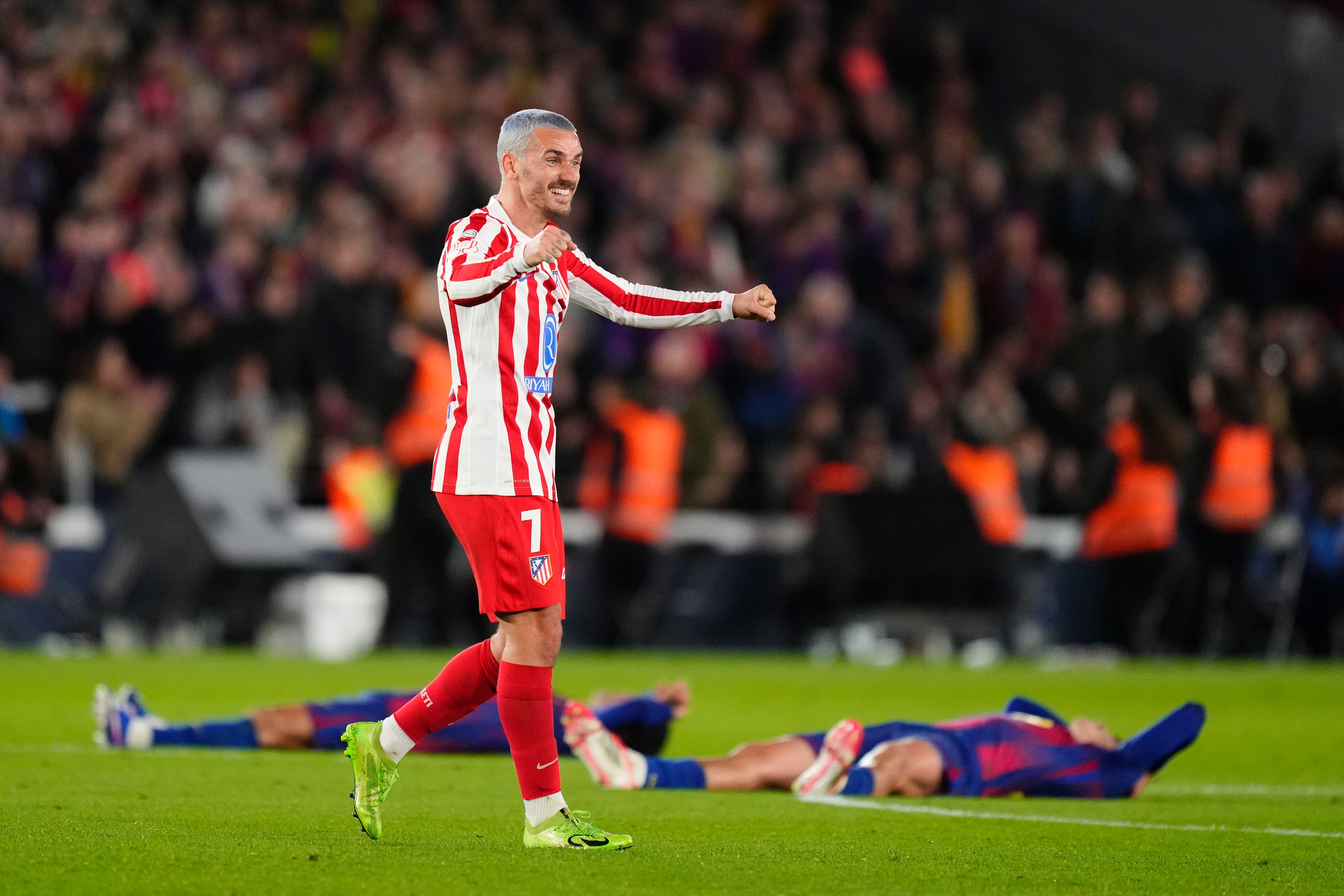 Antoine Griezmann second striker of Atletico de Madrid and France celebrates the victory after winning  the second leg of the Copa del Rey semi-final between FC Barcelona and Atletico de Madrid at Spotify Camp Nou on March 3, 2026 in Barcelona, Spain. (Photo by Jose Breton/Pics Action/NurPhoto via Getty Images)