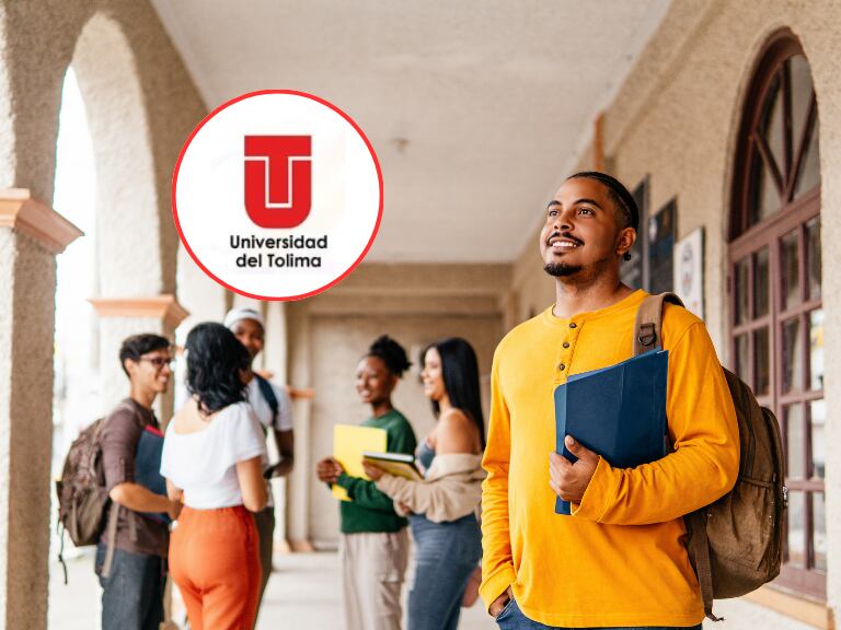 Estudiantes en un entorno universitario y al lado el logo de la Universidad del Tolima (Fotos vía Getty Images y redes sociales de la Universidad del Tolima)