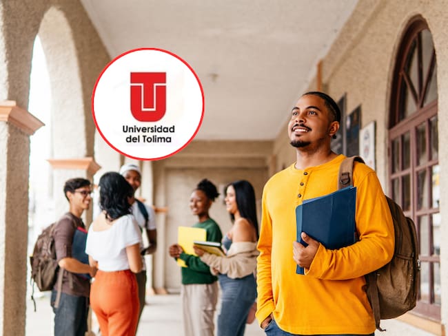 Estudiantes en un entorno universitario y al lado el logo de la Universidad del Tolima (Fotos vía Getty Images y redes sociales de la Universidad del Tolima)