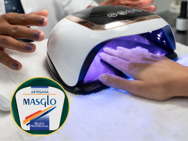 Máquina para el secado de manos y al lado el logo de Masglo (Foto vía Getty Images y COLPRENSA)