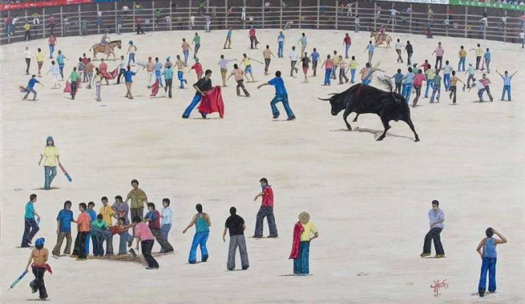 Colprensa/ "Cultura del suicidio" es una pintura de Hernán Torres, realizada en 2007 en torno a las corralejas. 
