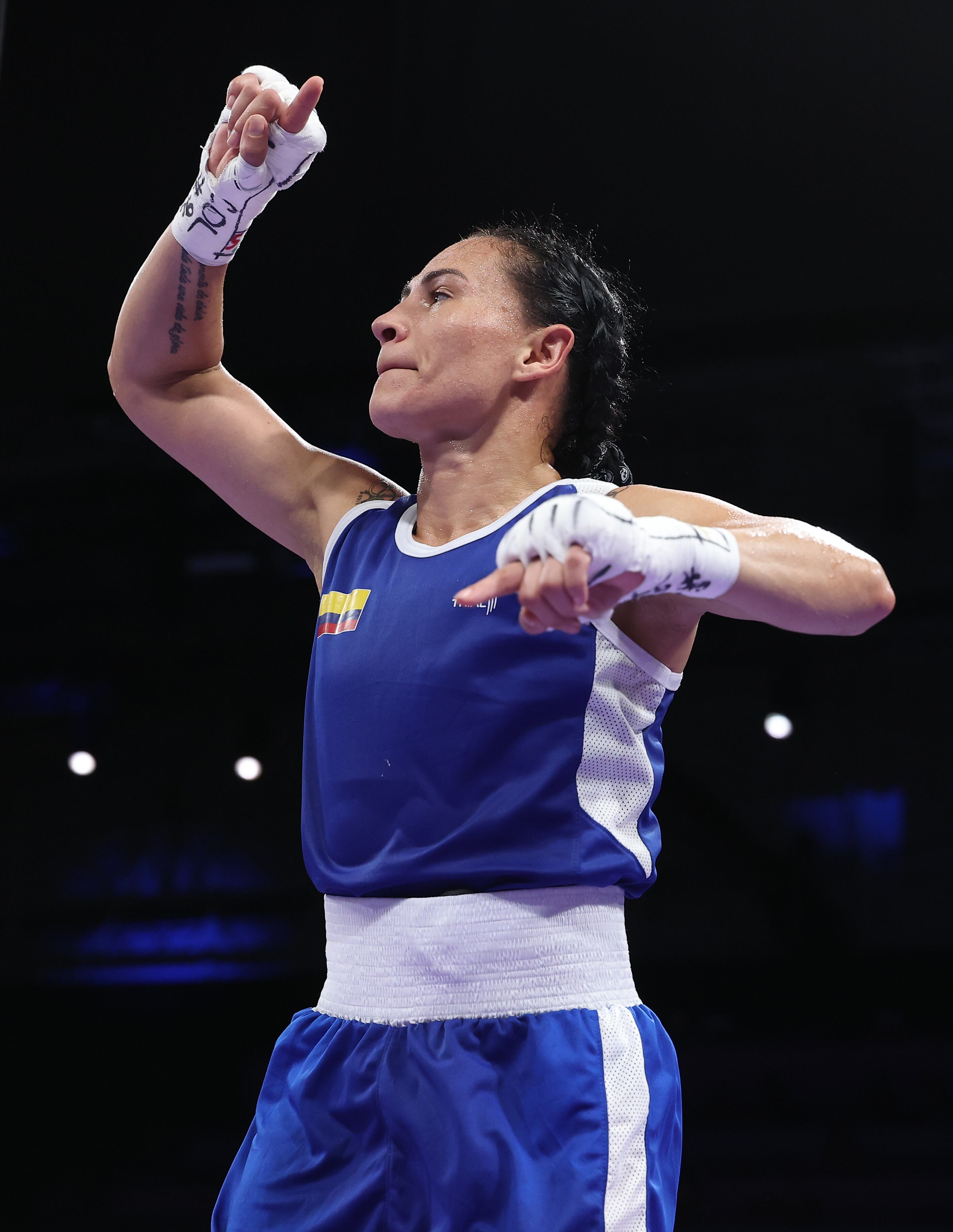 Yeni Arias celebra su primer triunfo en los Juegos Olímpicos de París 2024. (Photo by Richard Pelham/Getty Images)